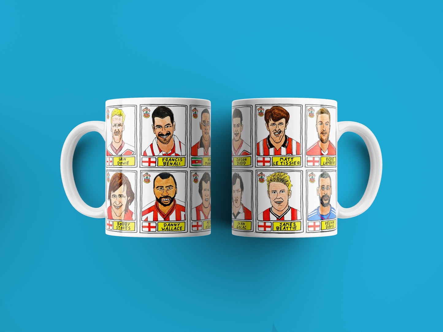 Southampton - Set of TWO 11oz Ceramic Mugs with Wonky Panini sticker-style No Score Draws Doodles of 24 Saints icons