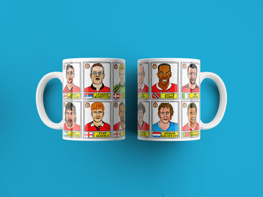 Definitely NOT Man Utd No Score Draws Mug Set - Set of two 11oz Ceramic Mugs with Wonky Panini sticker-style NOT MUFC No Score Draws Doodles