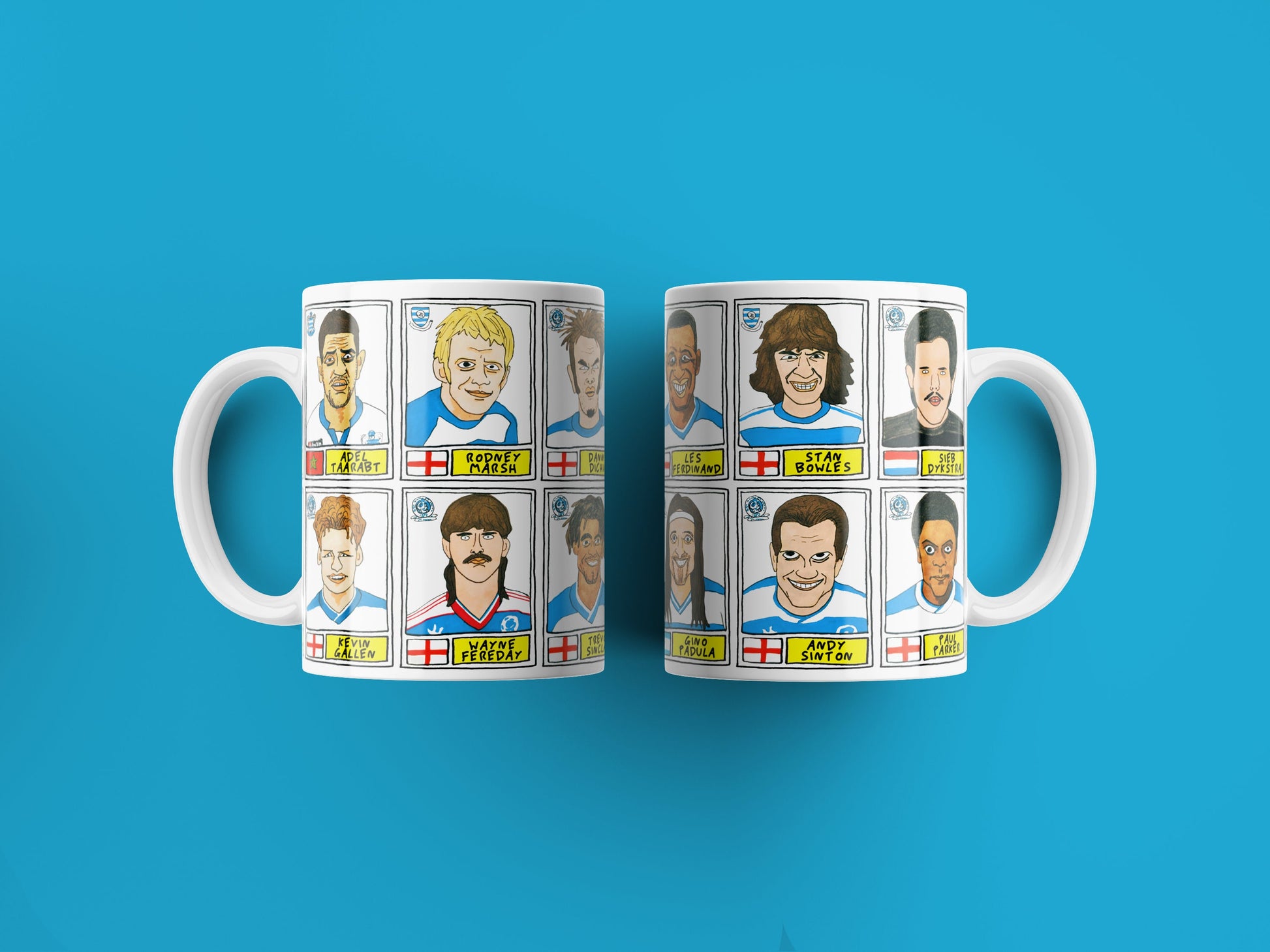 QPR No Score Draws Mug Set - Set of TWO 11oz Ceramic Mugs with Wonky Panini sticker-style Queens Park Rangers No Score Draws Doodles