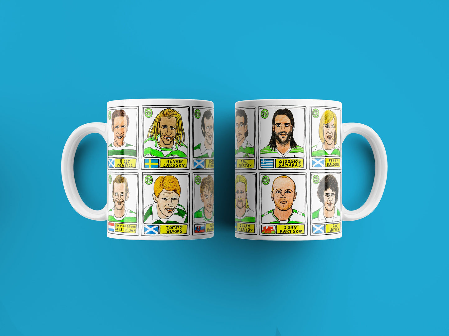 Celtic Volume 1 No Score Draws Mug Set - Set of TWO 11oz Ceramic Mugs with Wonky Panini sticker-style No Score Draws Doodles of Celtic icons