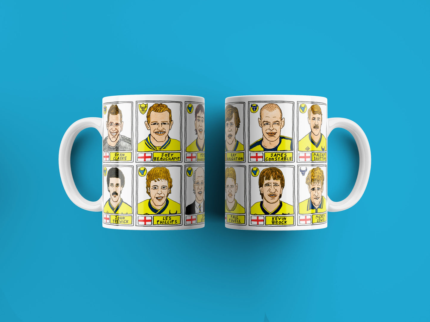 Oxford United No Score Draws Mug Set - Set of TWO 11oz Ceramic Mugs with Wonky Panini sticker-style OUFC Yellows No Score Draws Doodles