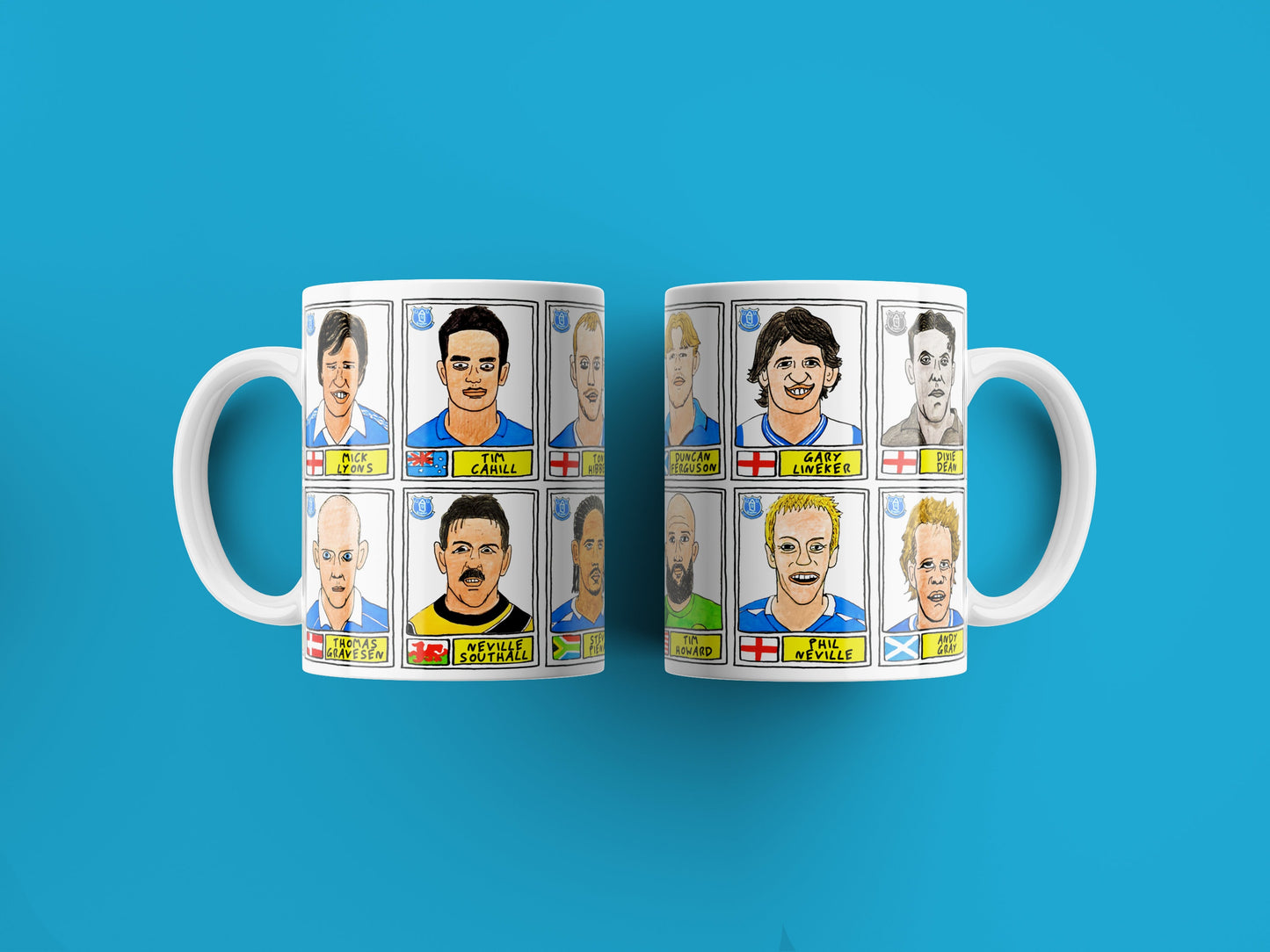 Everton - Set of TWO 11oz Ceramic Mugs with Wonky Panini sticker-style No Score Draws Doodles of 24 Toffees EFC icons