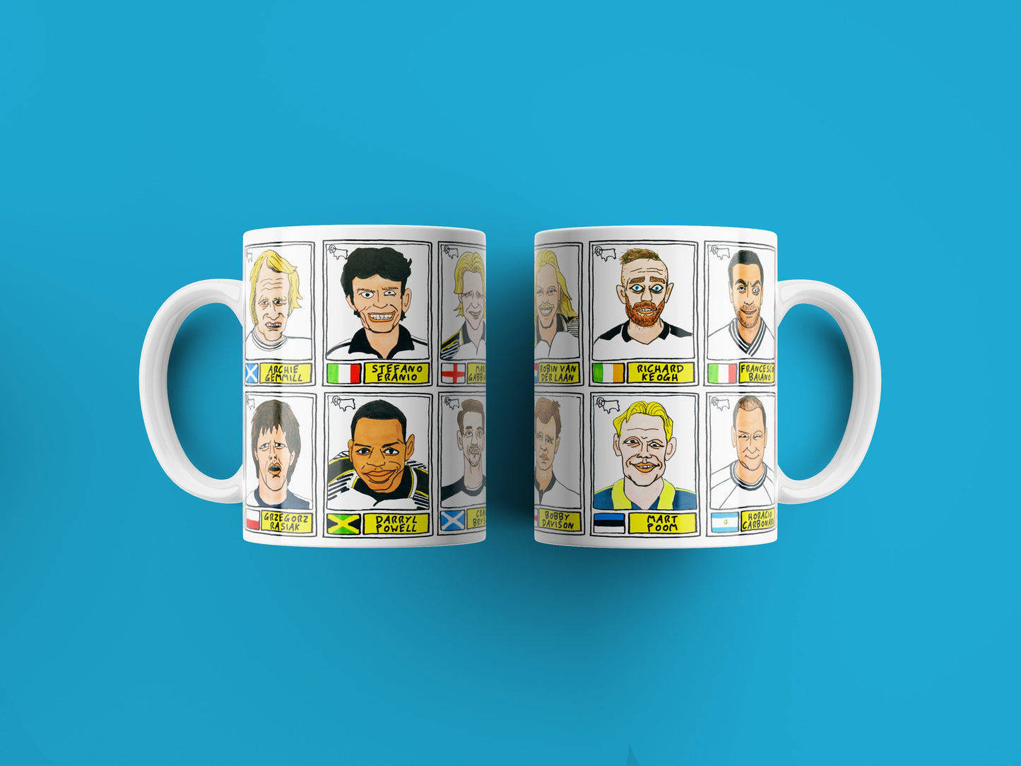 Derby County Mug Set - Set of TWO 11oz Ceramic Mugs with Wonky Panini sticker-style No Score Draws Doodles of 24 badly-drawn Rams icons