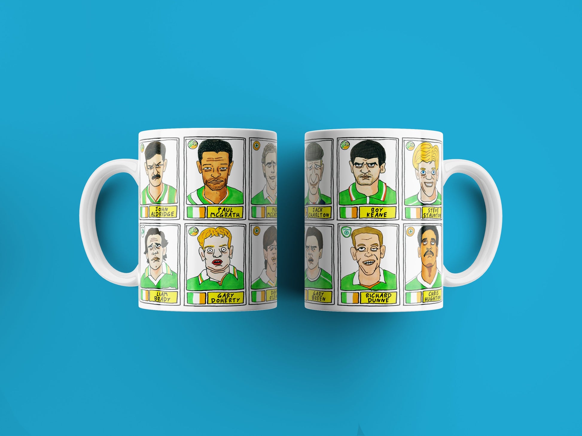 Ireland No Score Draws Mug Set - Set of TWO 11oz Ceramic Mugs with Wonky Panini sticker-style No Score Draws Doodles of 24 Irish icons