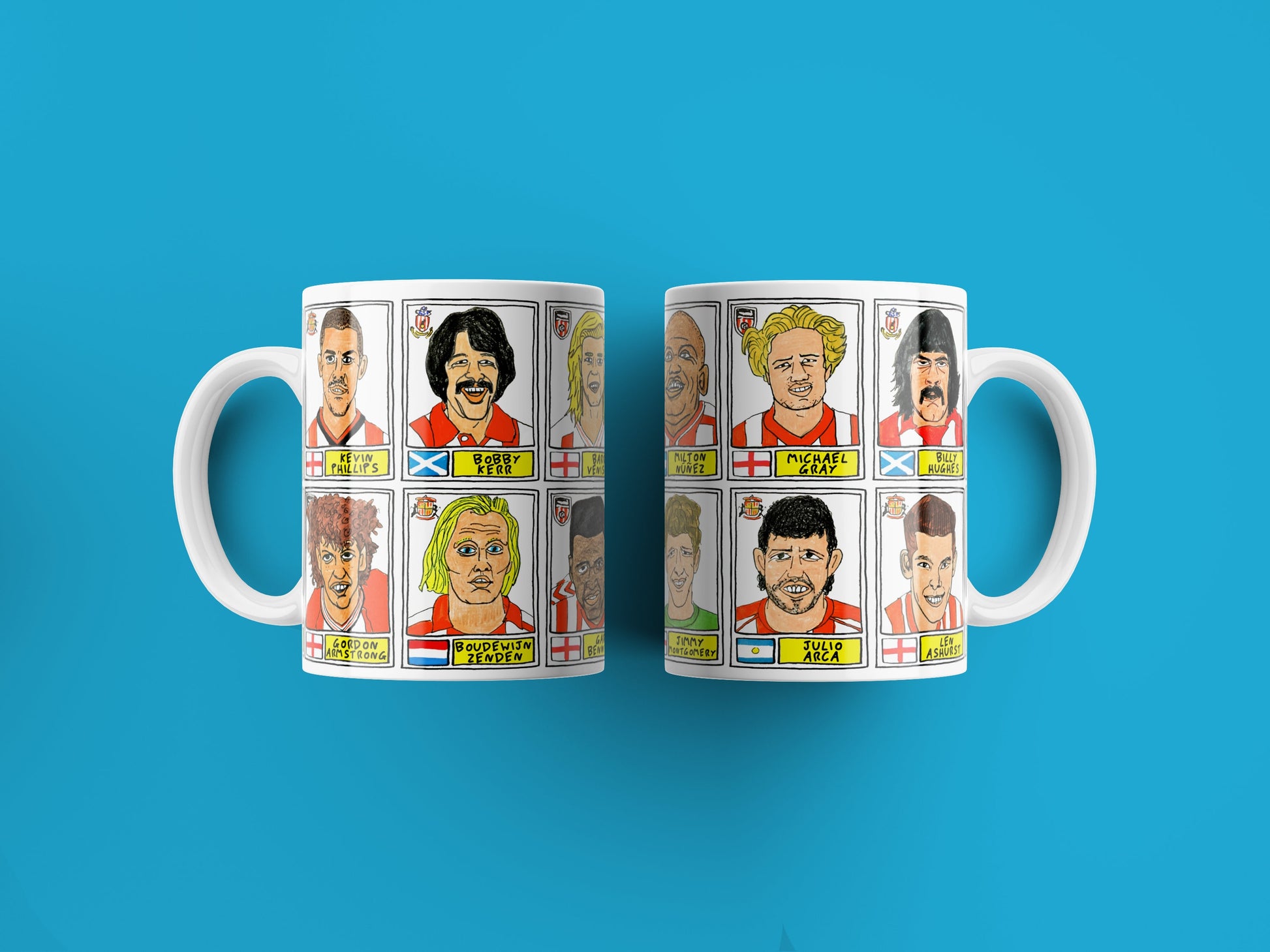 Sunderland No Score Draws Mug Set - Set of TWO 11oz Ceramic Mugs with Wonky Panini sticker-style Black Cats SAFC No Score Draws Doodles