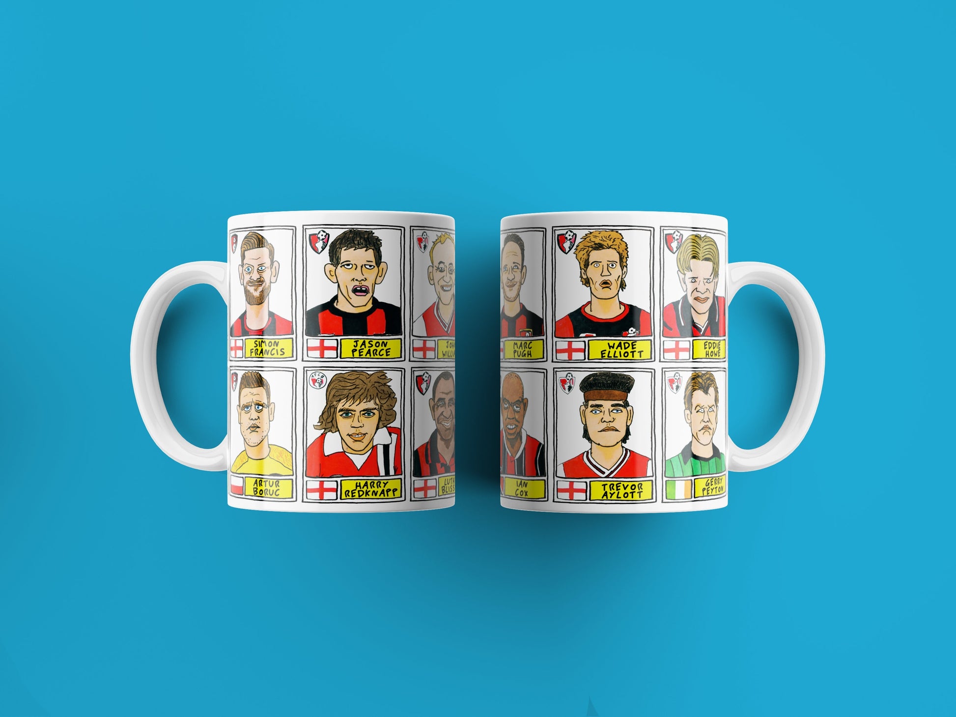 Bournemouth No Score Draws Mug Set - Set of TWO 11oz Ceramic Mugs with Wonky Panini sticker-style AFCB Cherries No Score Draws Doodles