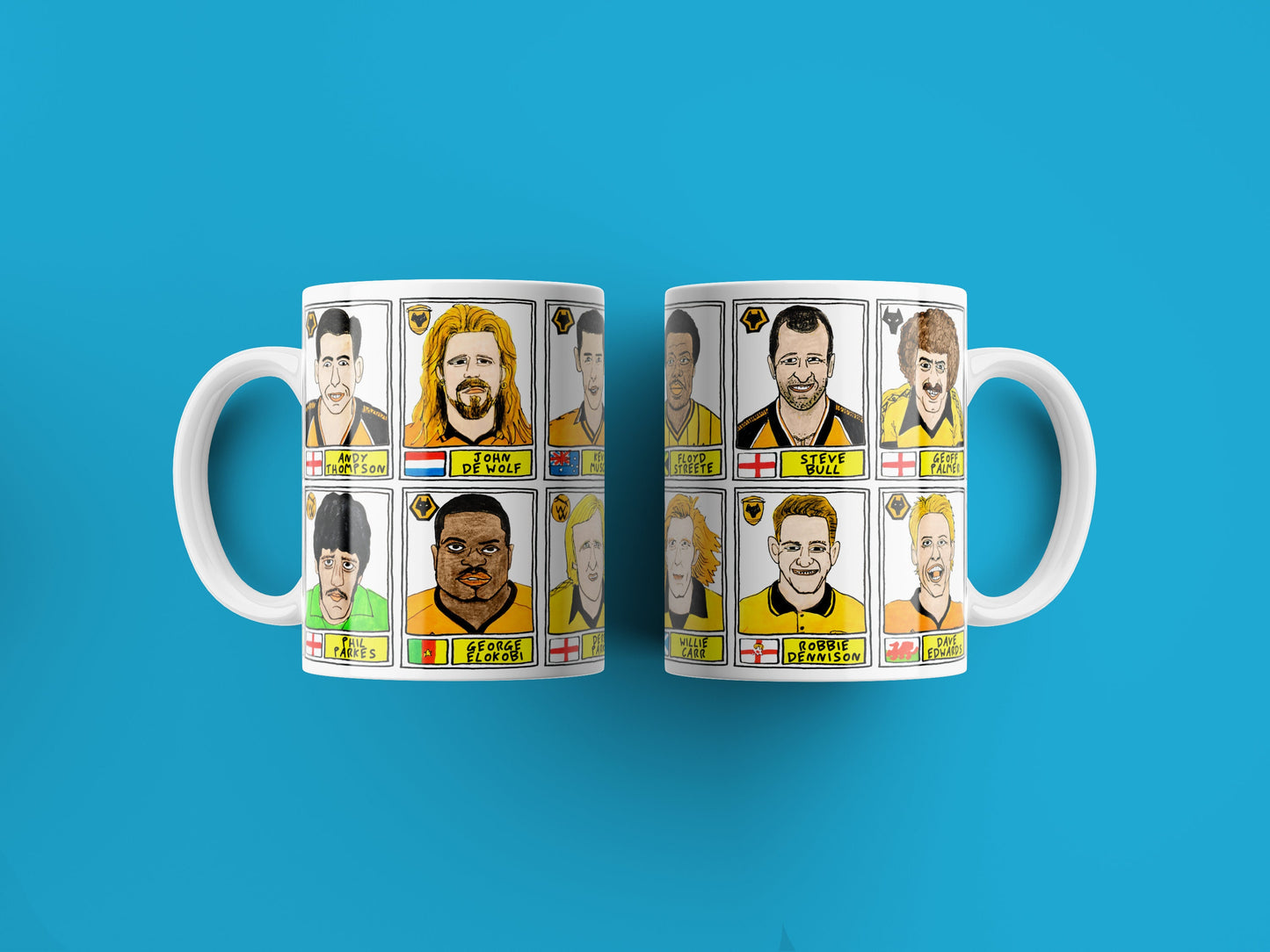 Wolves No Score Draws Mug Set - Set of TWO 11oz Ceramic Mugs with Wonky Panini sticker-style WWFC No Score Draws Doodles