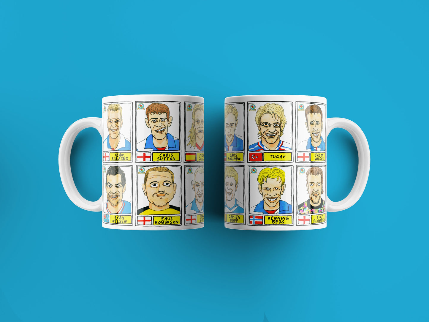 Blackburn Rovers No Score Draws Mug Set - Set of TWO 11oz Ceramic Mugs with Wonky Panini sticker-style Ewood Park No Score Draws Doodles