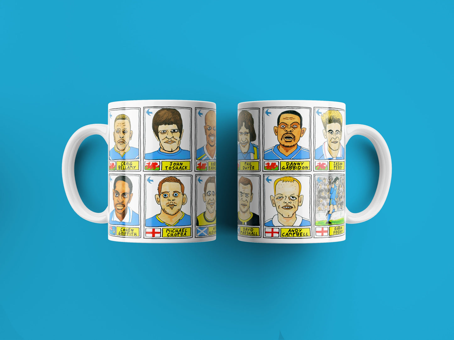 Cardiff City No Score Draws Mug Set - Set of TWO 11oz Ceramic Mugs with Wonky Panini sticker-style Bluebirds CCFC No Score Draws Doodles