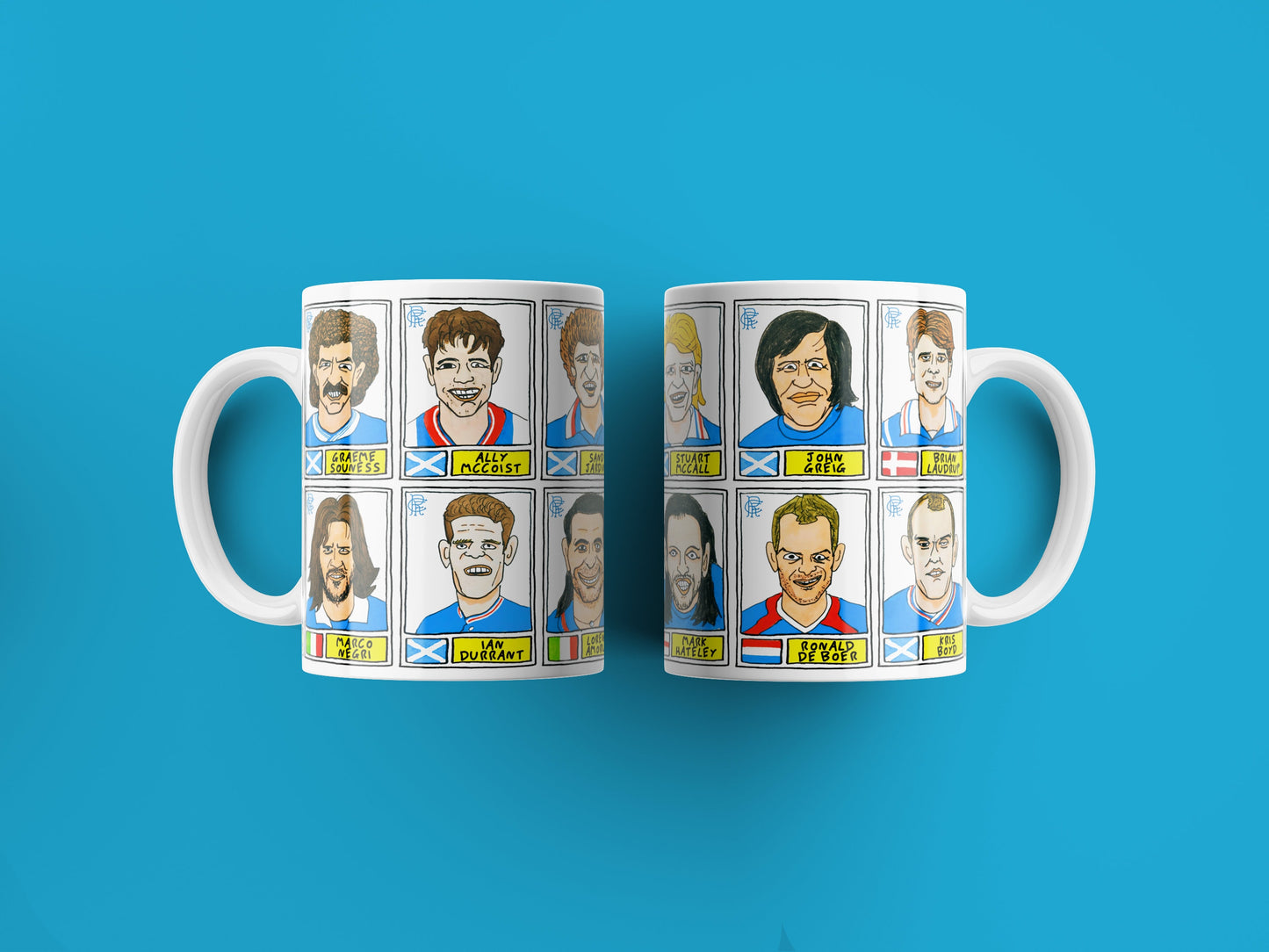 Rangers Volume 1 No Score Draws Mug Set - Set of TWO 11oz Ceramic Mugs with Wonky Panini sticker-style Rangers FC No Score Draws Doodles