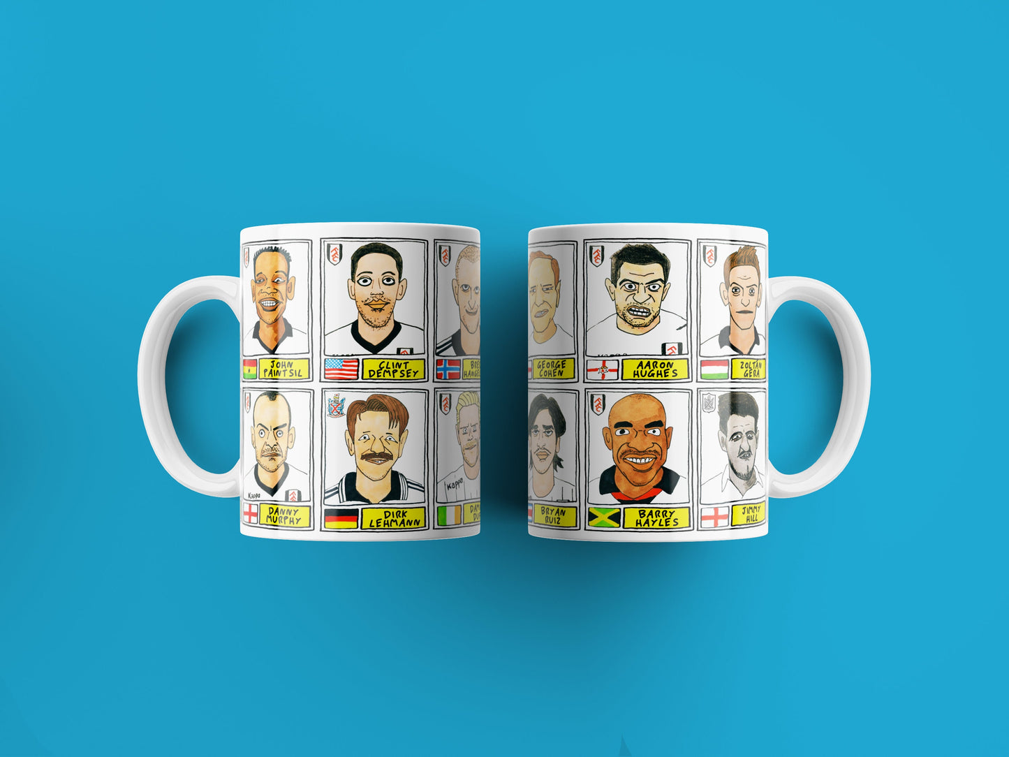 Fulham No Score Draws Mug Set - Set of TWO 11oz Ceramic Mugs with Wonky Panini sticker-style Cottagers FFC No Score Draws Doodles