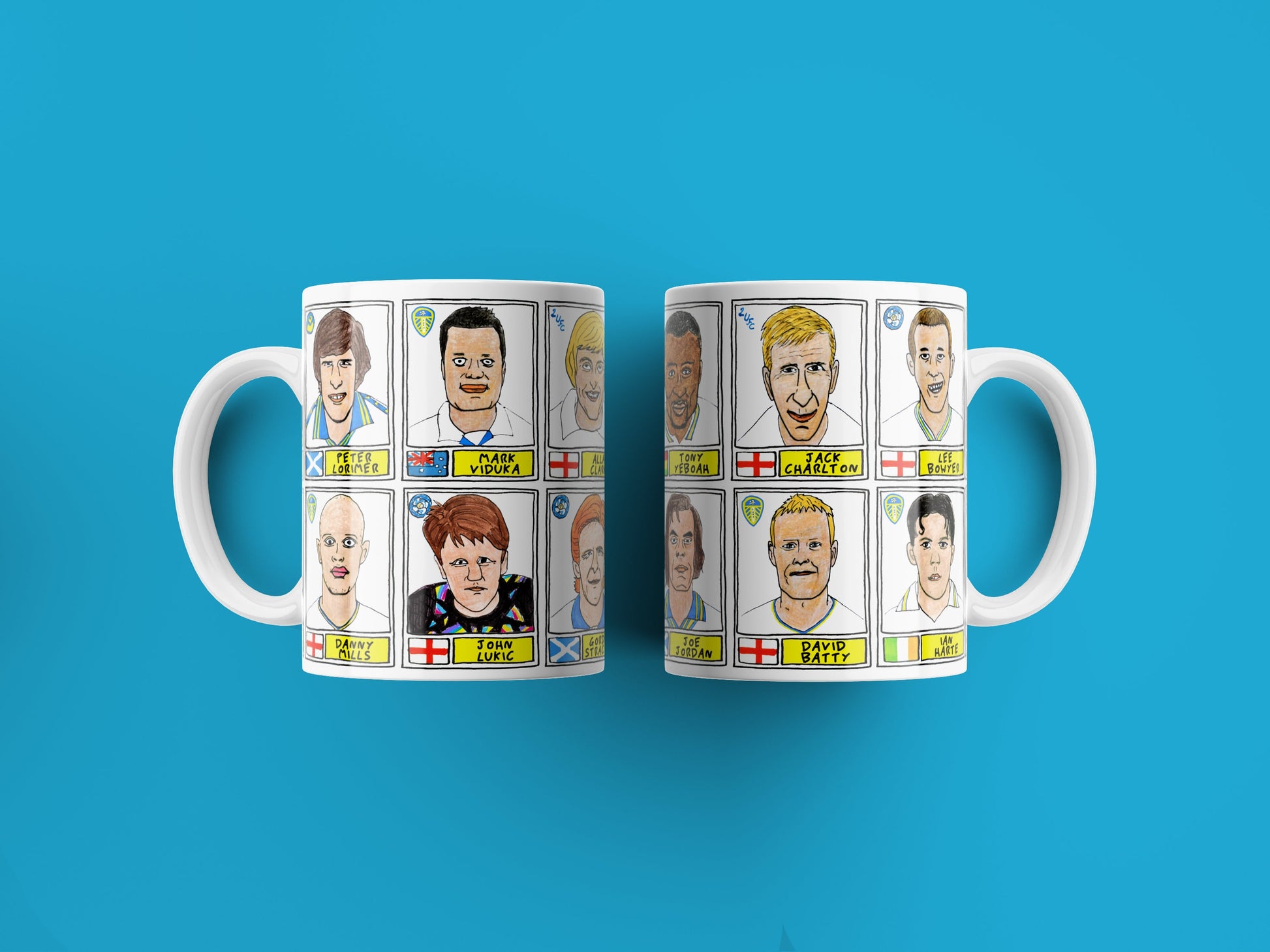 Leeds United Vol 2 No Score Draws Mug Set - Set of TWO 11oz Ceramic Mugs with Wonky Panini-style No Score Draws Doodles of LUFC legends