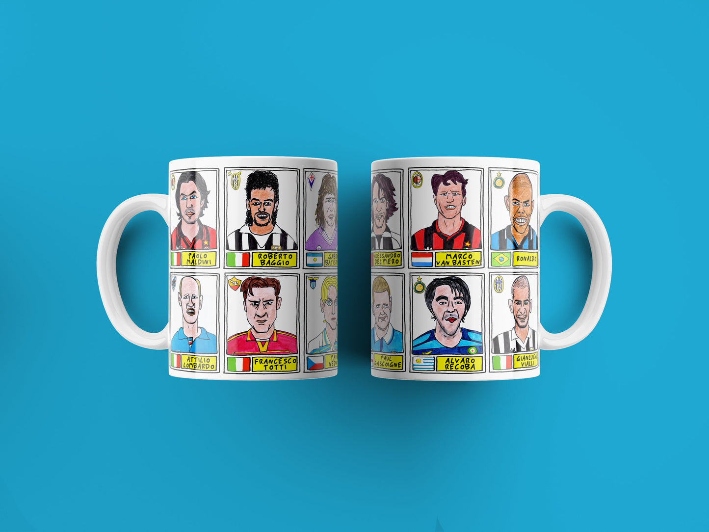 Football Italia No Score Draws Mug Set - Set of TWO 11oz Ceramic Mugs with Wonky Panini sticker-style 90s Serie 'A' No Score Draws Doodles