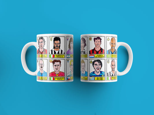 Football Italia No Score Draws Mug Set - Set of TWO 11oz Ceramic Mugs with Wonky Panini sticker-style 90s Serie 'A' No Score Draws Doodles