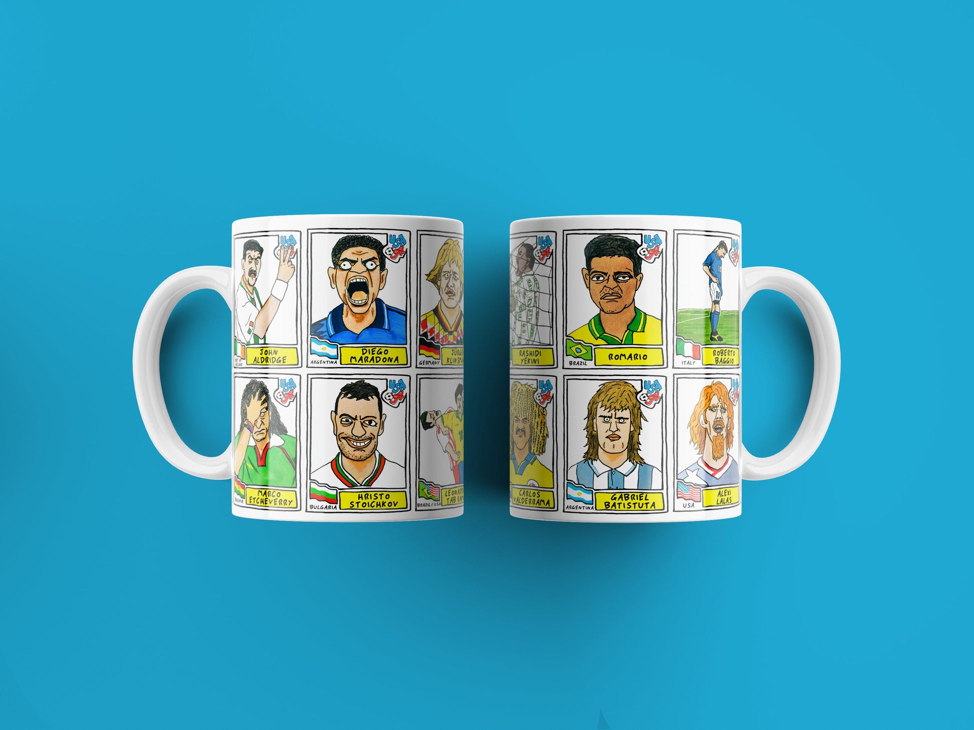 USA '94 No Score Draws Mug Set - Set of TWO 11oz Ceramic Mugs with Wonky Panini sticker-style World USA '94 No Score Draws Doodles