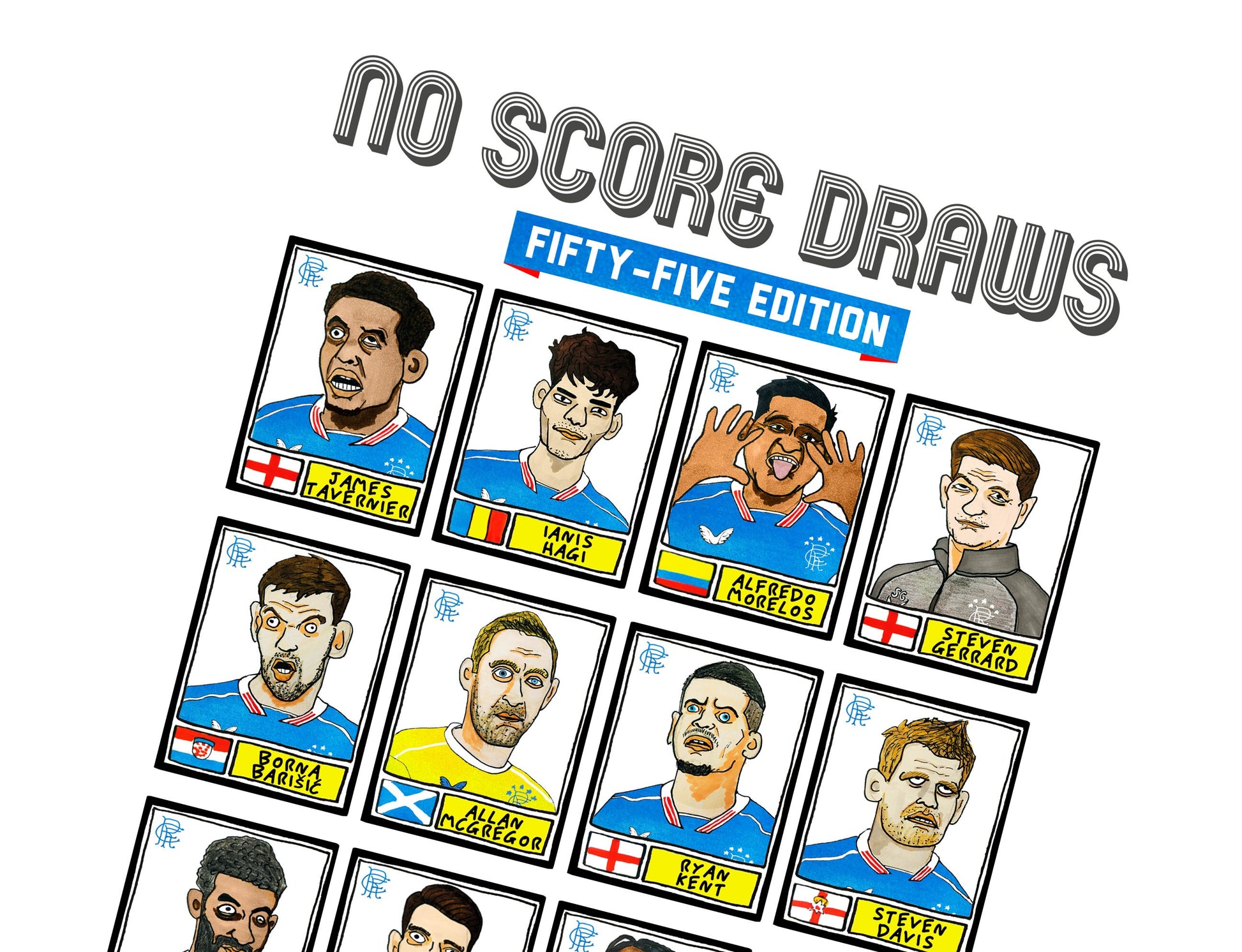 Rangers Volume 2 - No Score Draws Fifty-Five Edition - A3 print of 24 Rangers 20-21 SPL Champions Panini-style doodles - Wonky fitba art