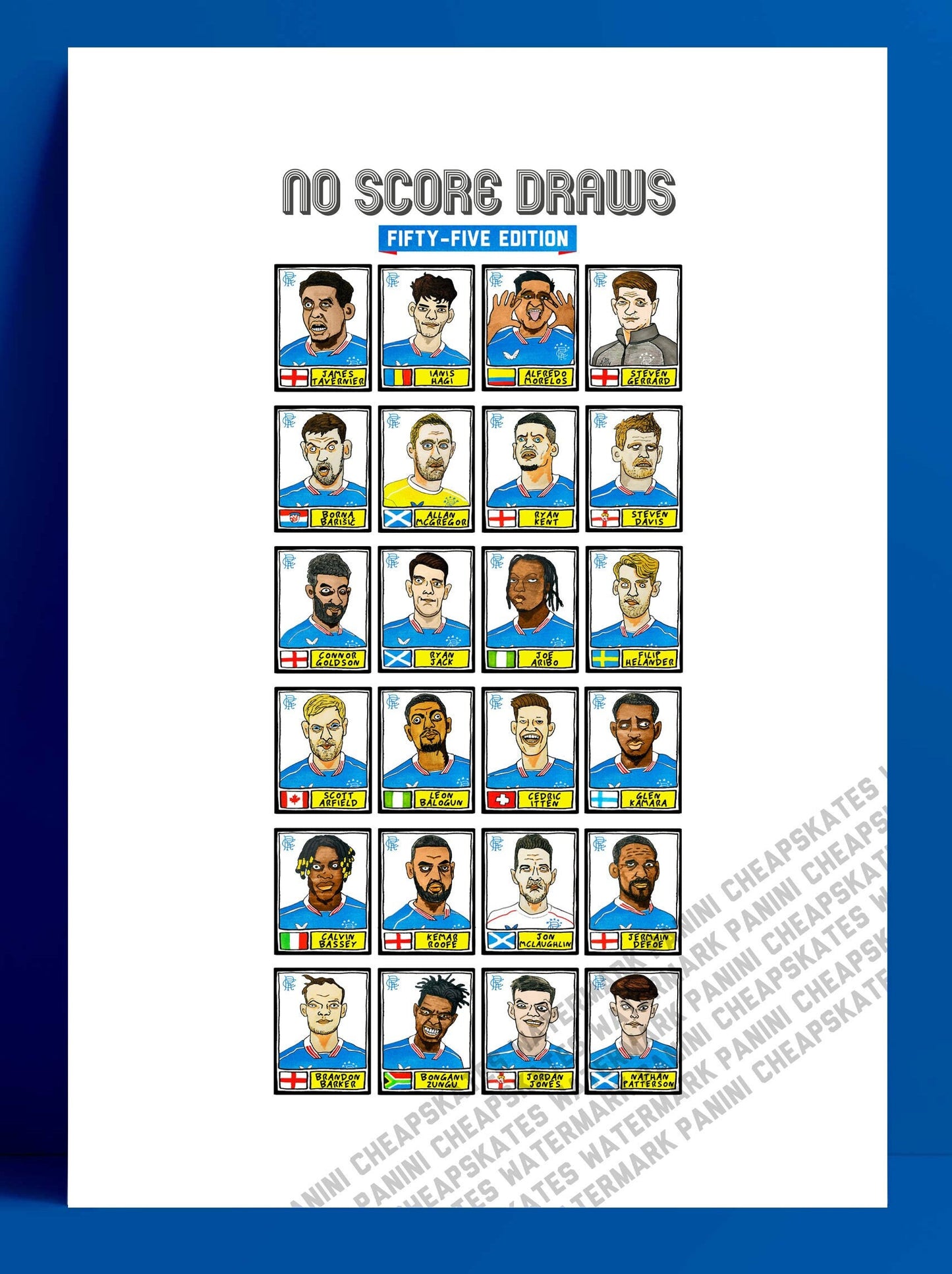 Rangers Volume 2 - No Score Draws Fifty-Five Edition - A3 print of 24 Rangers 20-21 SPL Champions Panini-style doodles - Wonky fitba art