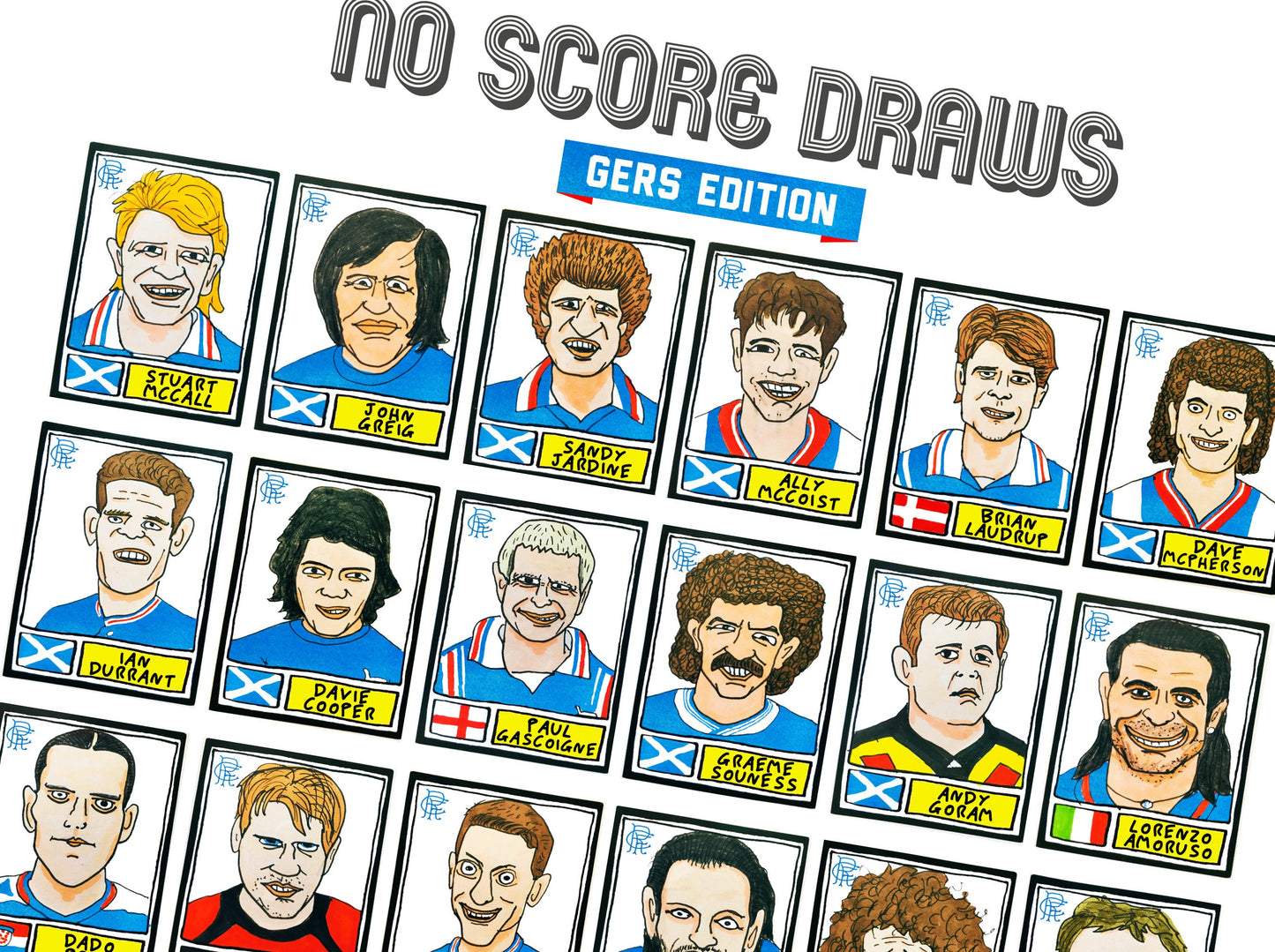 Rangers Volume 1 - No Score Draws Gers Edition - A3 print of 36 hand-drawn Panini-style Rangers football sticker legends - Wonky fitba art