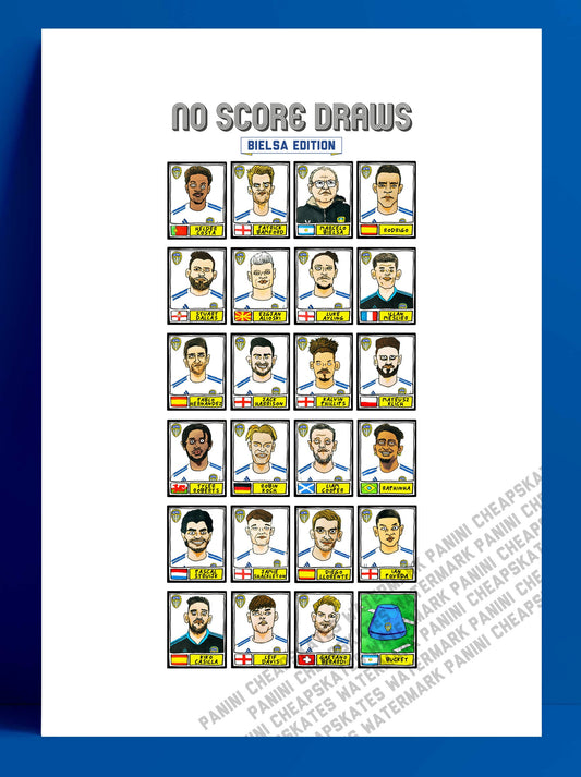 Leeds Utd Volume 2 - No Score Draws Bielsa Edition - A3 print of 24 hand-drawn Panini-style wonky Bielsa-era Leeds United LUFC icons