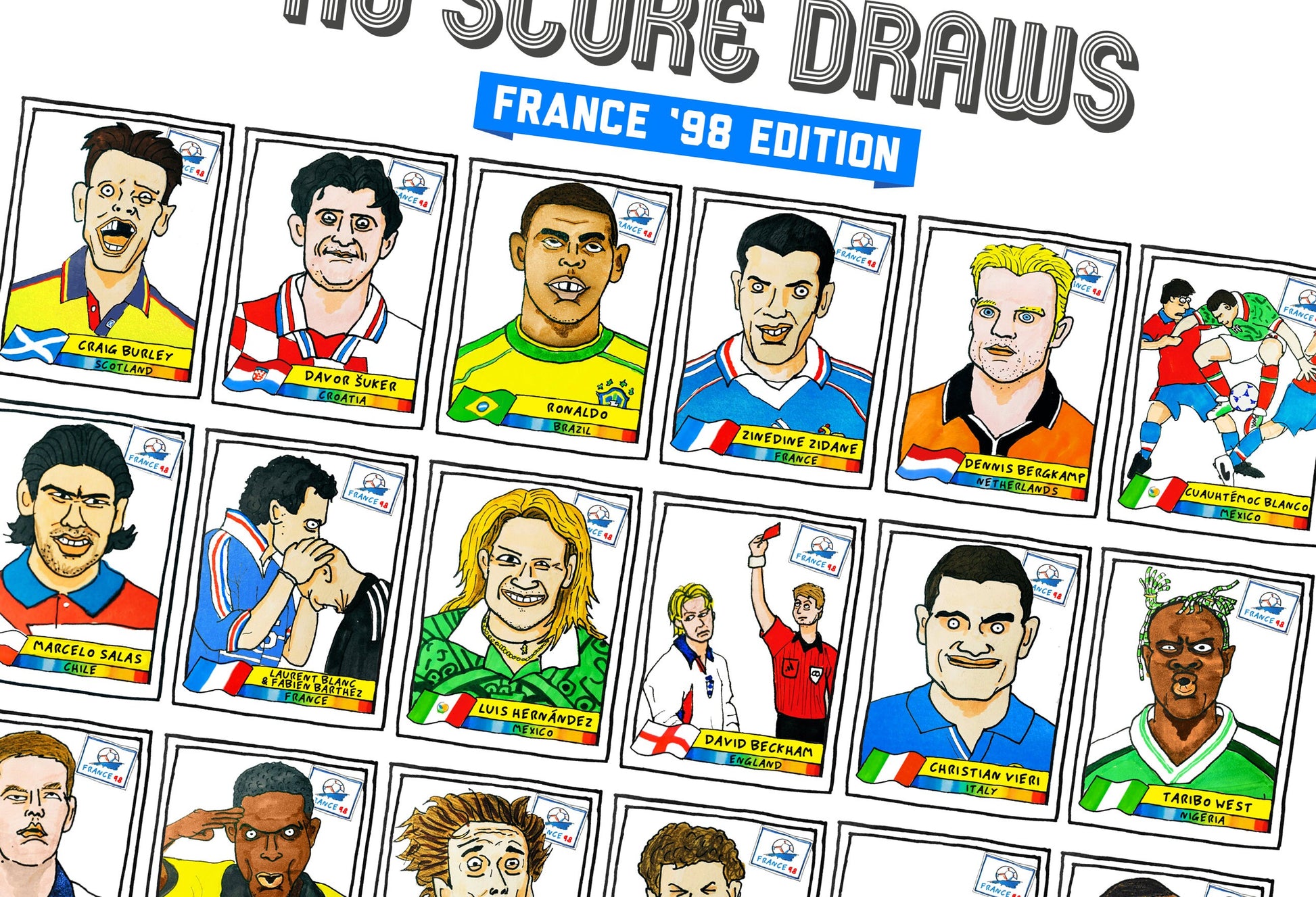 France '98 - No Score Draws France '98 Edition - A3 print of 36 hand-drawn Panini-style football sticker legends - Cheapskate football art