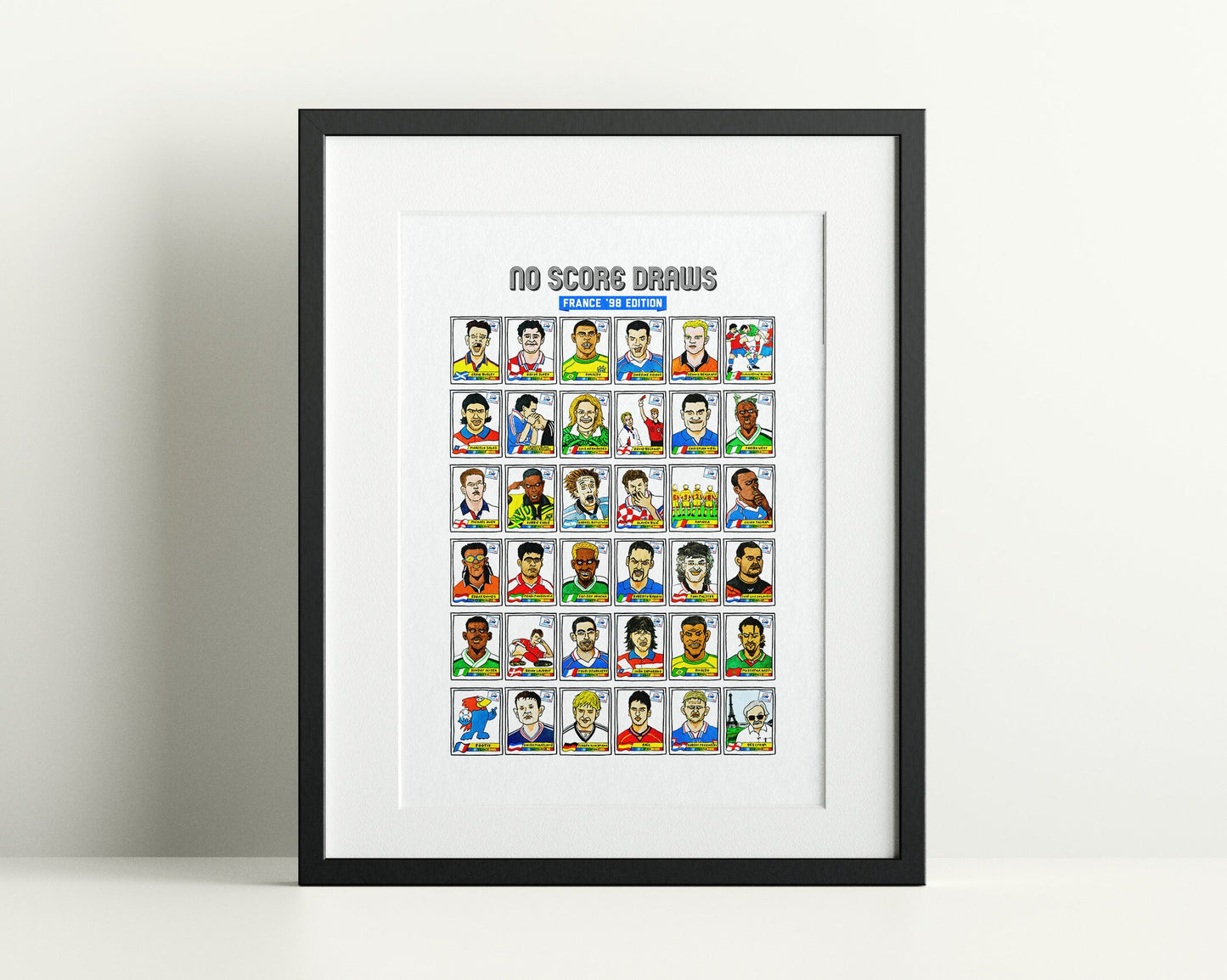 France '98 - No Score Draws France '98 Edition - A3 print of 36 hand-drawn Panini-style football sticker legends - Cheapskate football art