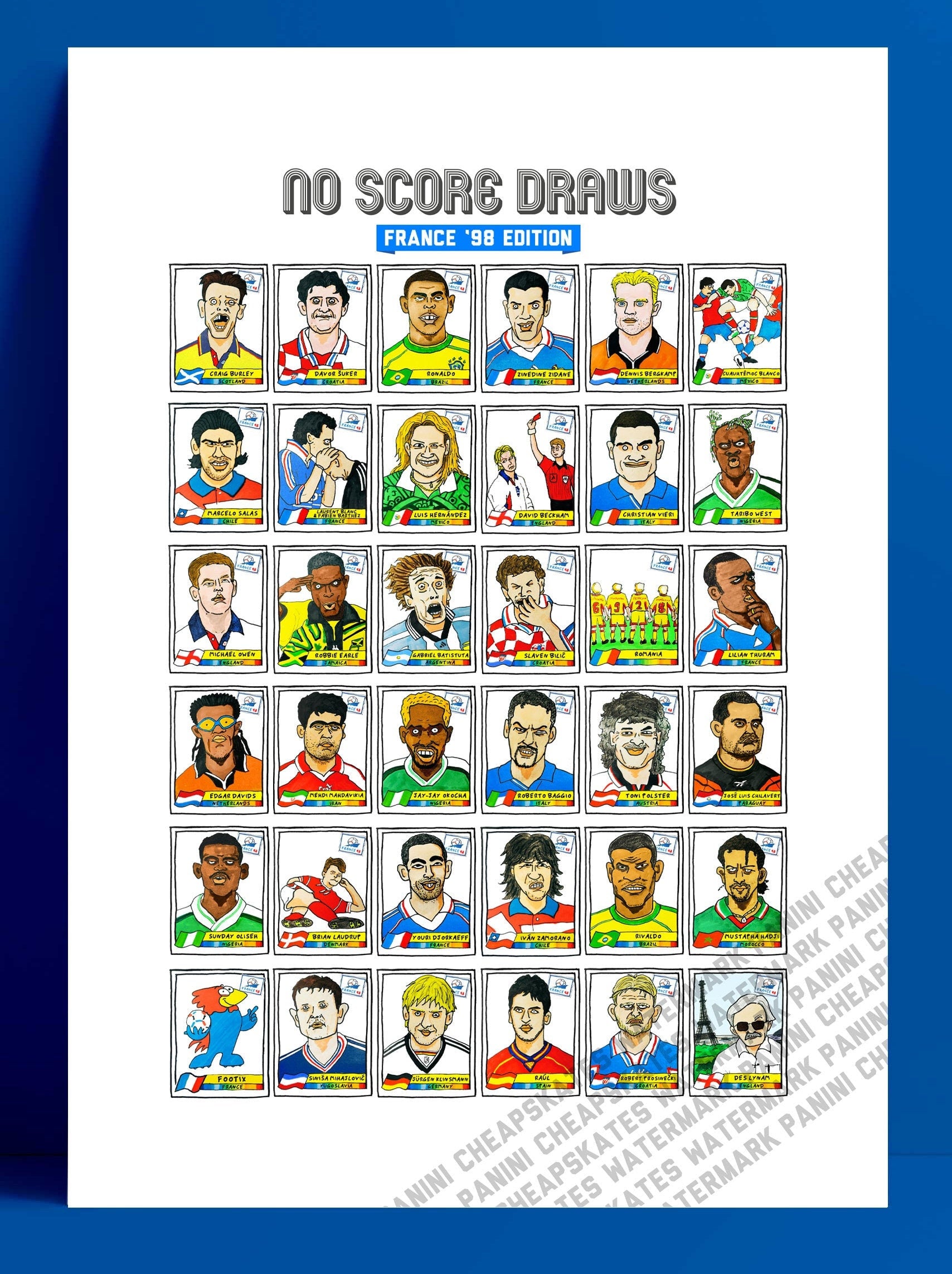 France '98 - No Score Draws France '98 Edition - A3 print of 36 hand-drawn Panini-style football sticker legends - Cheapskate football art