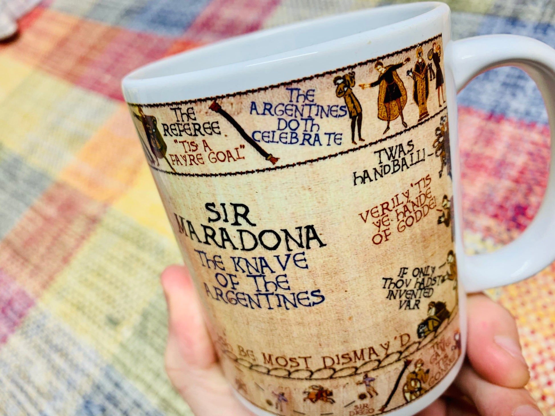 Hand Of God Bayeux Tapestry Mug By No Score Draws - 11oz Ceramic Mug Depicting An Historic Depiction of Diego Maradona's Goal v England 1986