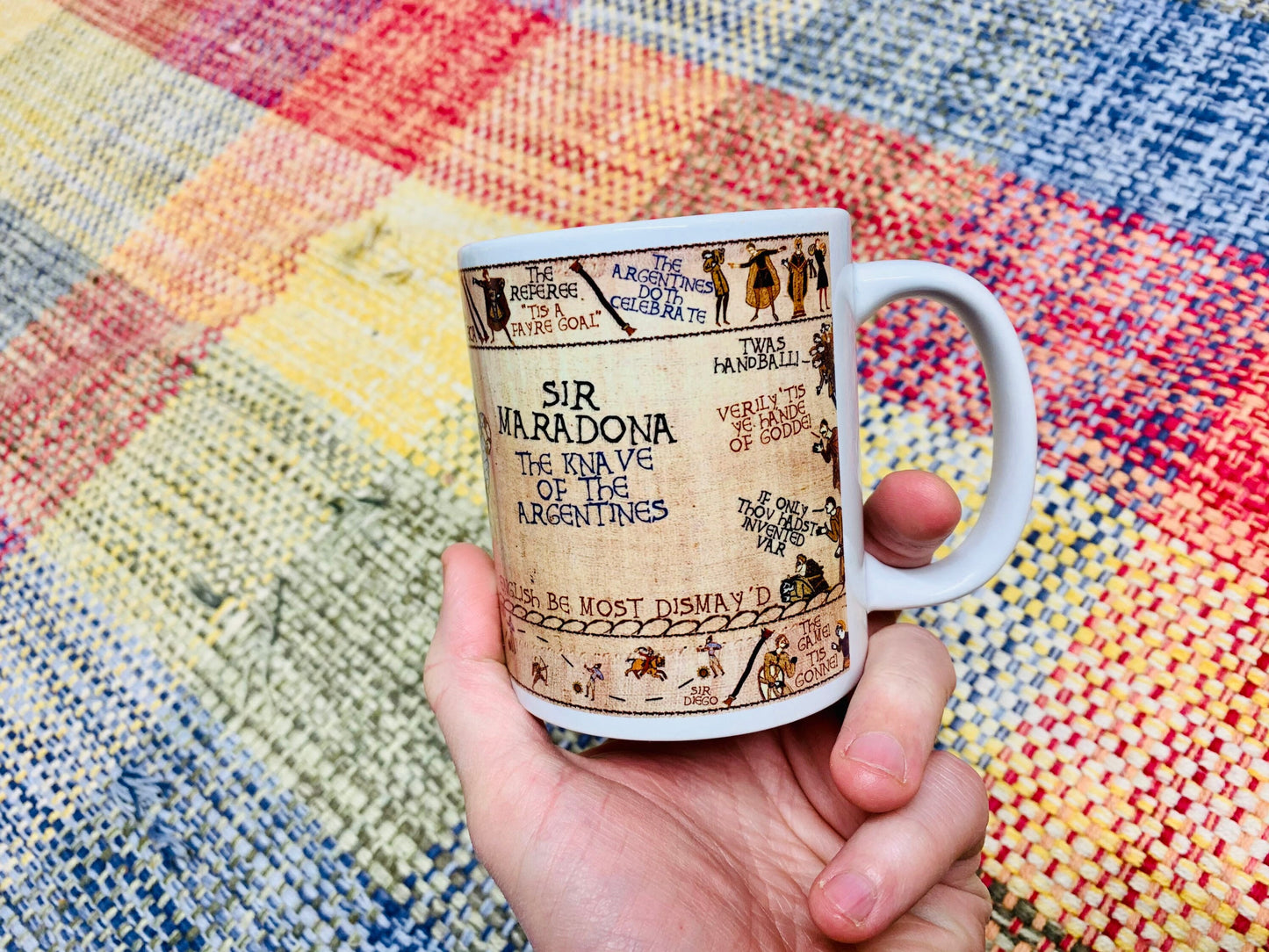 Hand Of God Bayeux Tapestry Mug By No Score Draws - 11oz Ceramic Mug Depicting An Historic Depiction of Diego Maradona's Goal v England 1986