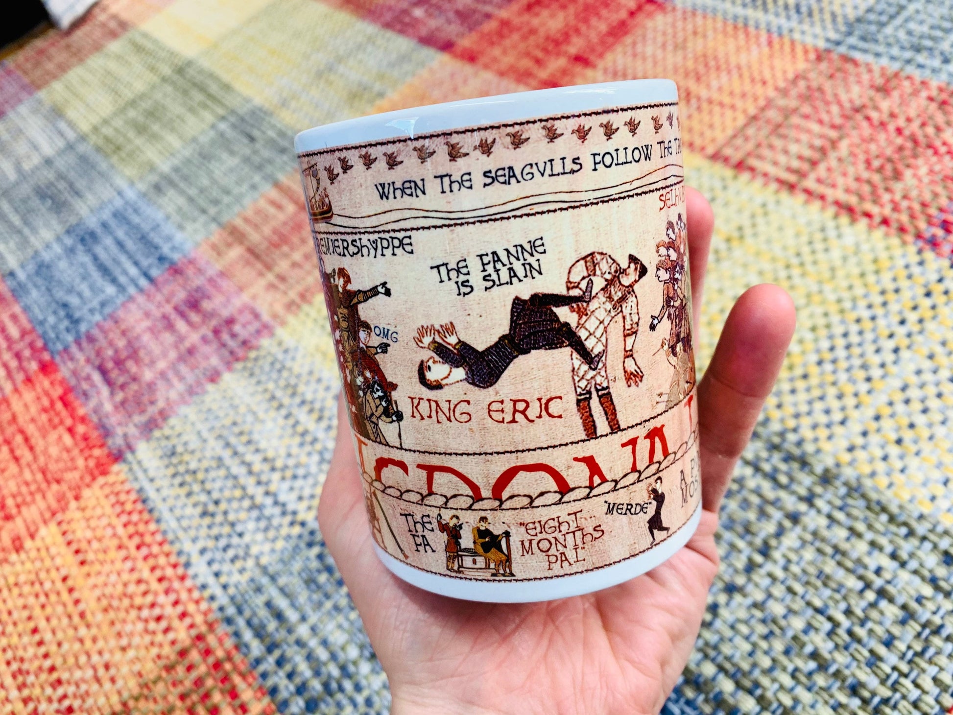 Cantona Kung-Fu Kick Bayeux Tapestry Mug By No Score Draws - 11oz Ceramic Mug Featuring An Historic Depiction of Cantona at Selhurst Park