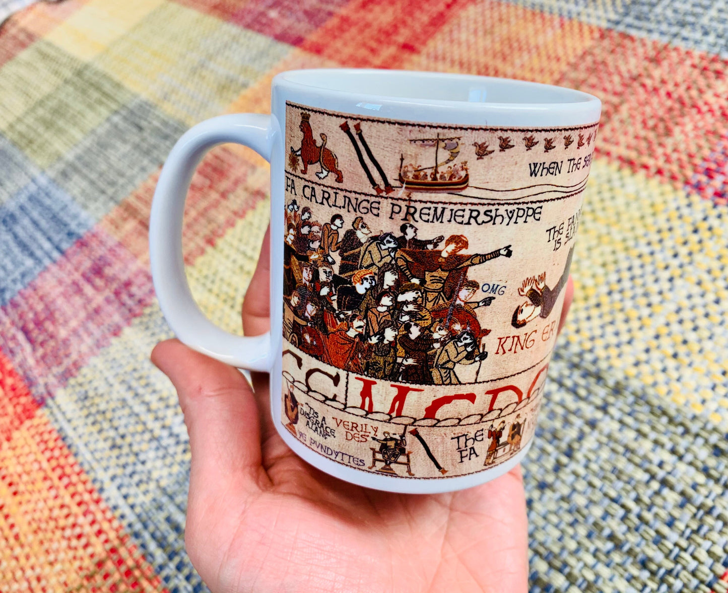 Cantona Kung-Fu Kick Bayeux Tapestry Mug By No Score Draws - 11oz Ceramic Mug Featuring An Historic Depiction of Cantona at Selhurst Park