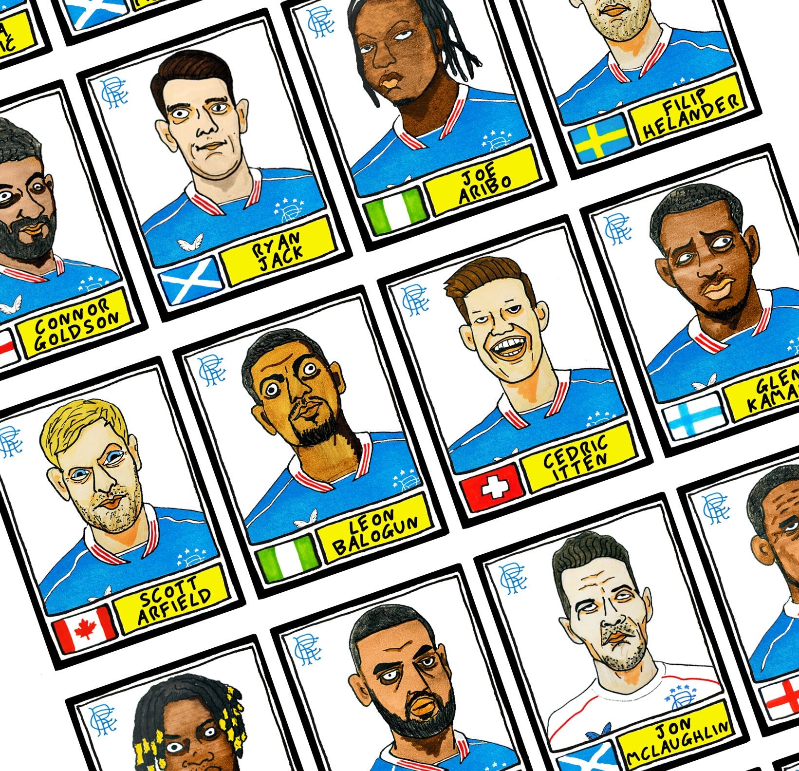 Rangers Volume 2 - No Score Draws Fifty-Five Edition - A3 print of 24 Rangers 20-21 SPL Champions Panini-style doodles - Wonky fitba art