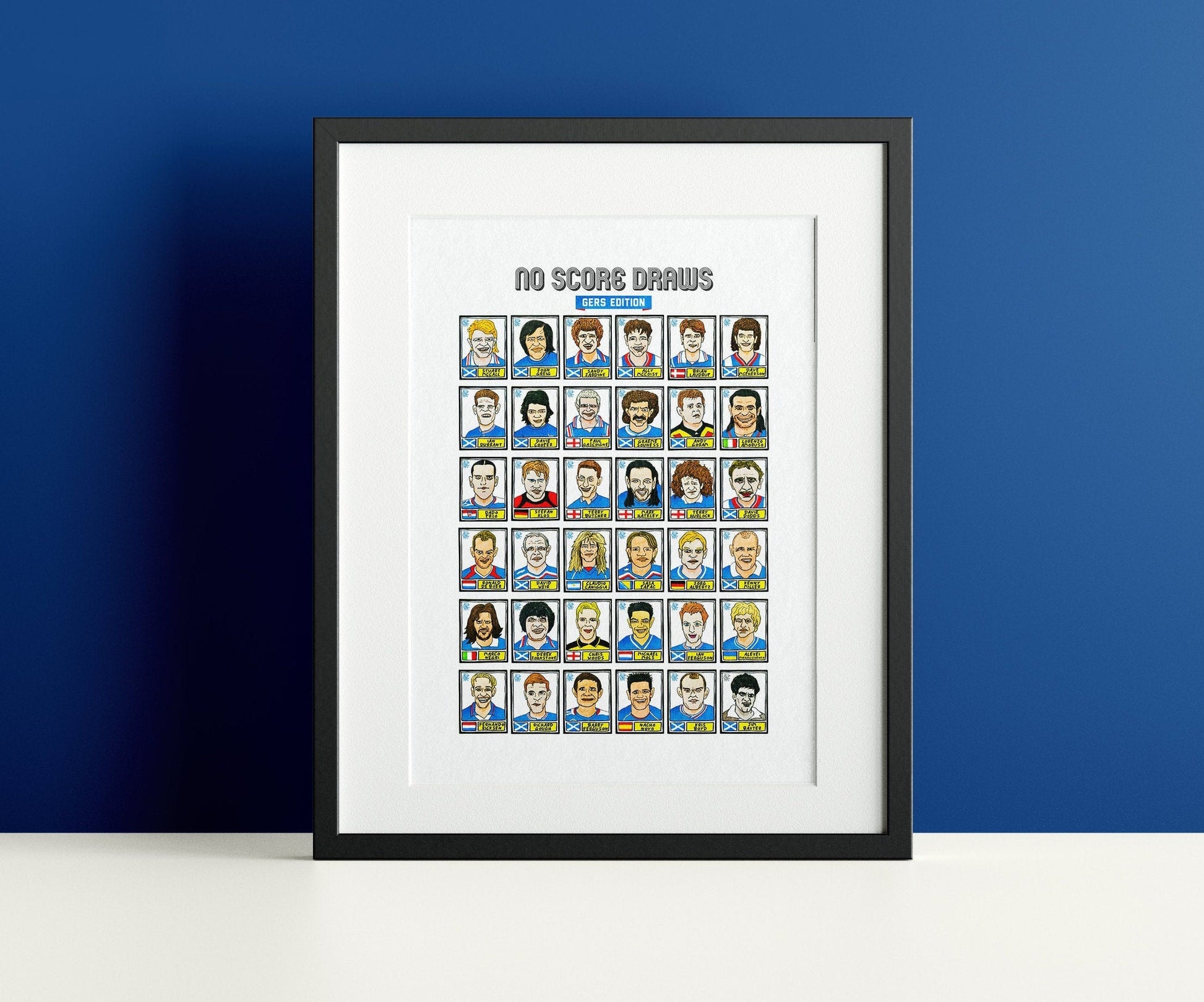 Rangers Volume 1 - No Score Draws Gers Edition - A3 print of 36 hand-drawn Panini-style Rangers football sticker legends - Wonky fitba art