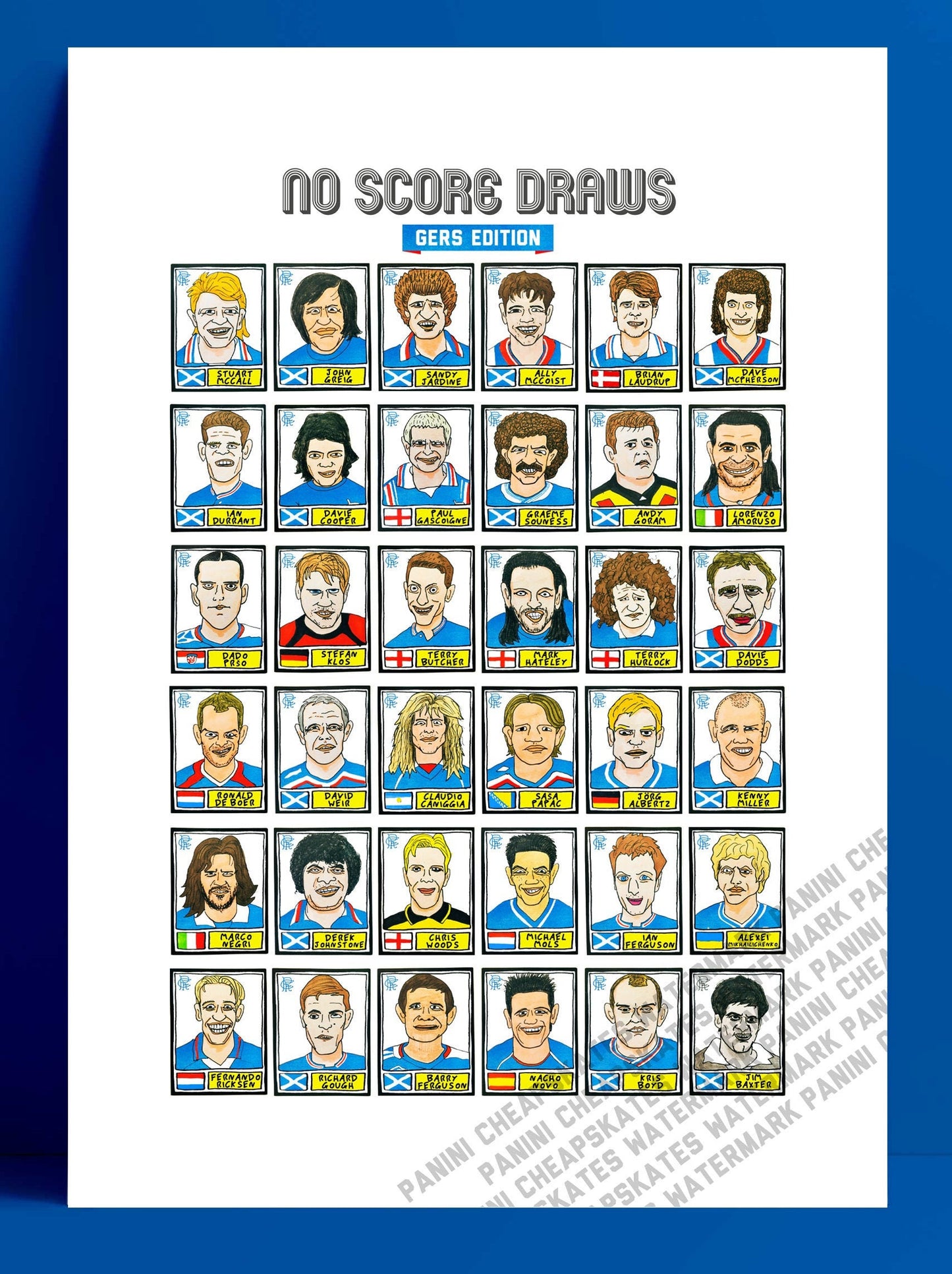 Rangers Volume 1 - No Score Draws Gers Edition - A3 print of 36 hand-drawn Panini-style Rangers football sticker legends - Wonky fitba art