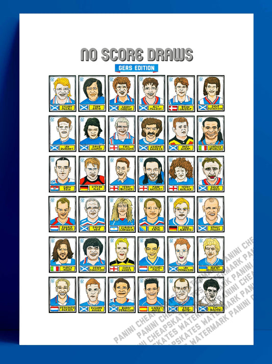 Rangers Volume 1 - No Score Draws Gers Edition - A3 print of 36 hand-drawn Panini-style Rangers football sticker legends - Wonky fitba art