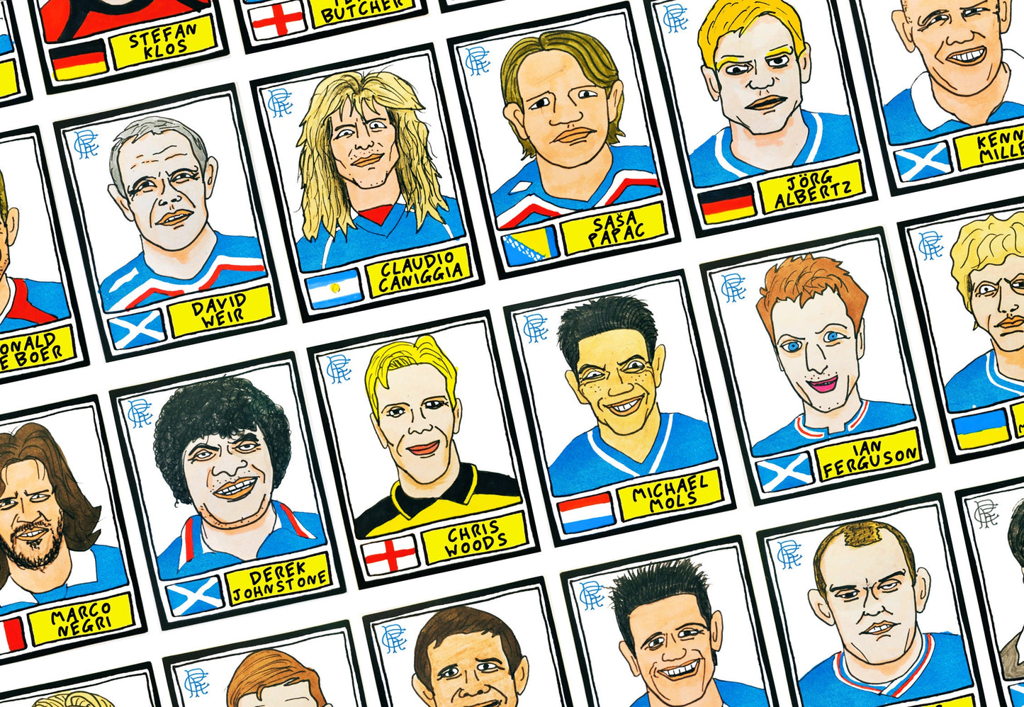 Rangers Volume 1 - No Score Draws Gers Edition - A3 print of 36 hand-drawn Panini-style Rangers football sticker legends - Wonky fitba art