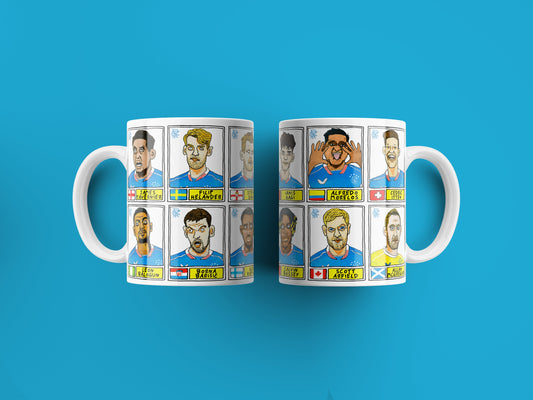 Rangers Volume 2 No Score Draws Mug Set - Set of TWO 11oz Ceramic Mugs with Wonky Panini sticker-style doodles of Rangers 20-21 SPL Champs