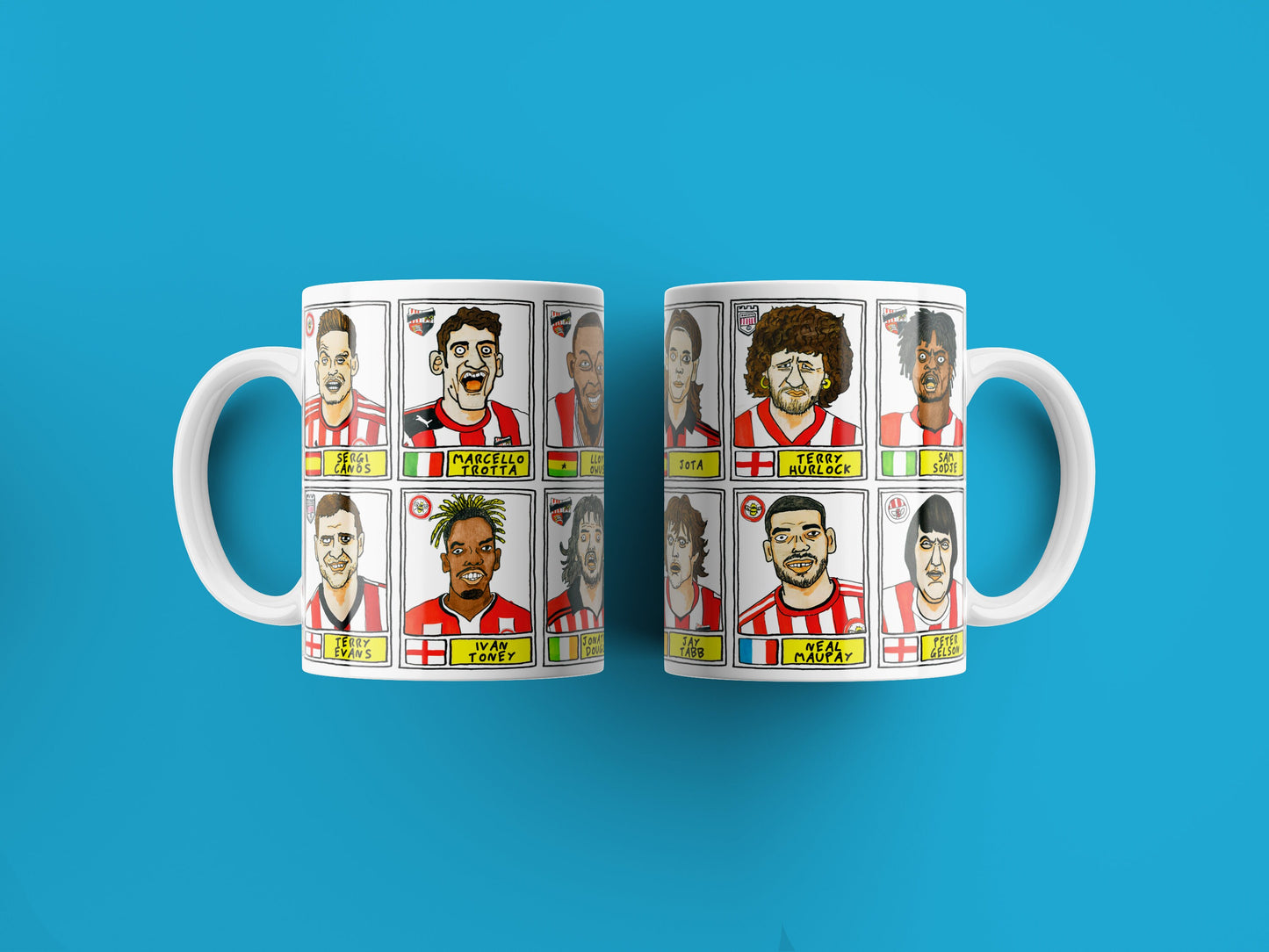 Brentford Vol 1 No Score Draws Mug Set - Set of TWO 11oz Ceramic Mugs with Wonky Panini-sticker-style No Score Draws Doodles Of Bees icons