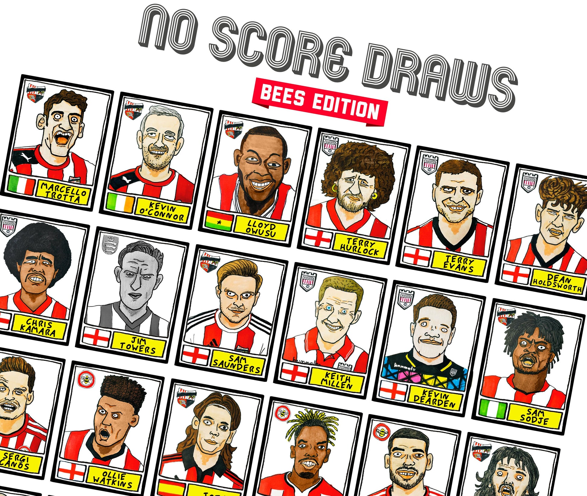 Brentford Vol 1 - No Score Draws Bees Edition - A3 print of 36 hand-drawn Panini-sticker-style Brentford FC Bees icons - Wonky football art