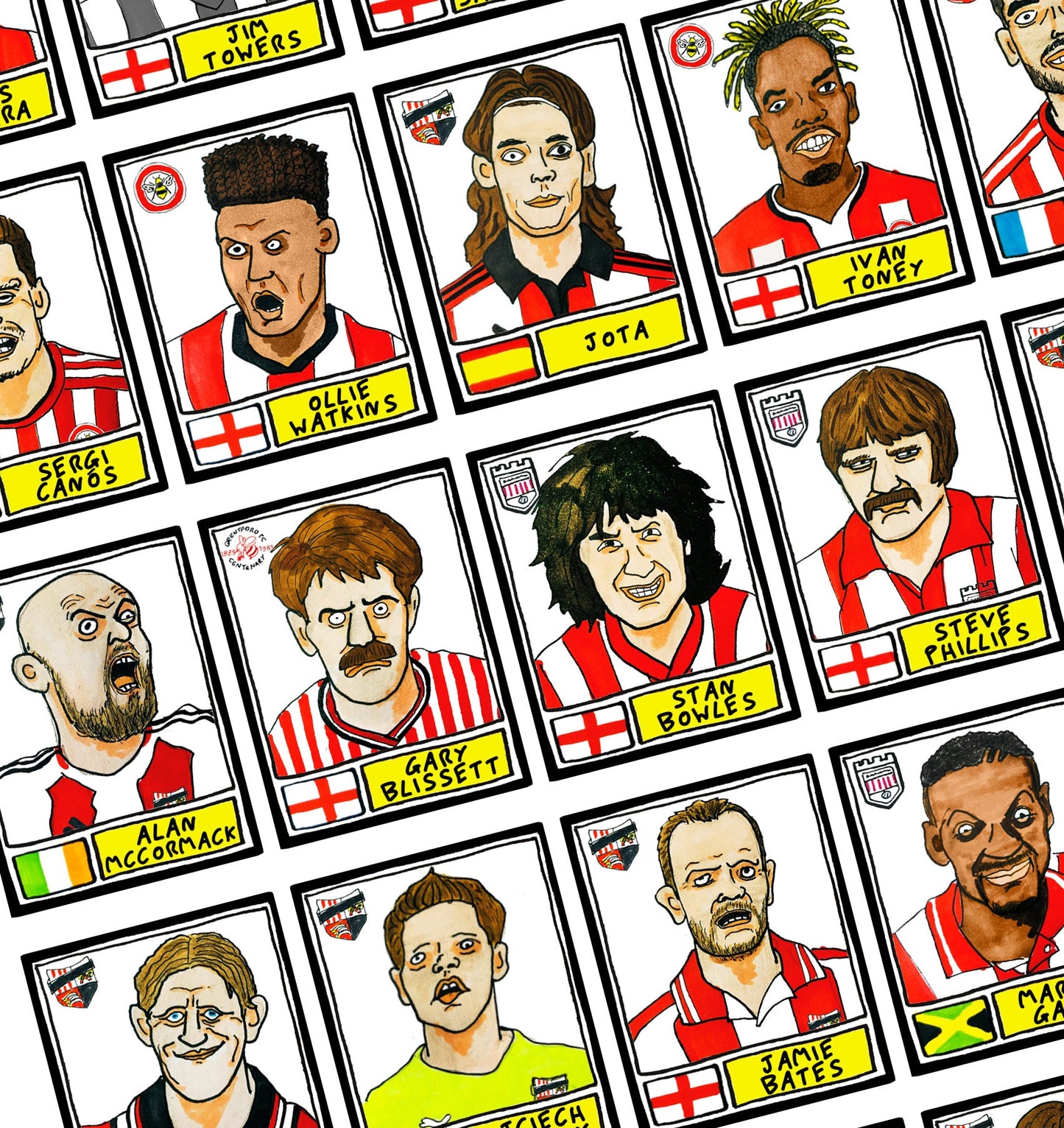 Brentford Vol 1 - No Score Draws Bees Edition - A3 print of 36 hand-drawn Panini-sticker-style Brentford FC Bees icons - Wonky football art