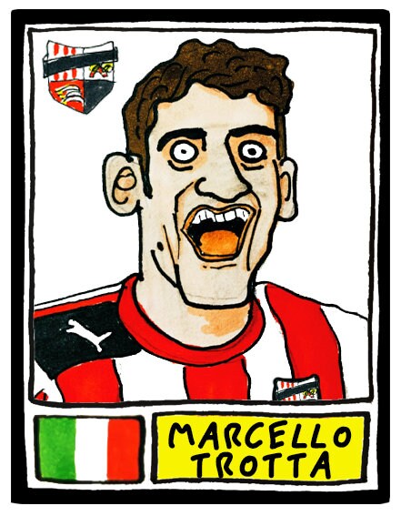 Brentford Vol 1 - No Score Draws Bees Edition - A3 print of 36 hand-drawn Panini-sticker-style Brentford FC Bees icons - Wonky football art