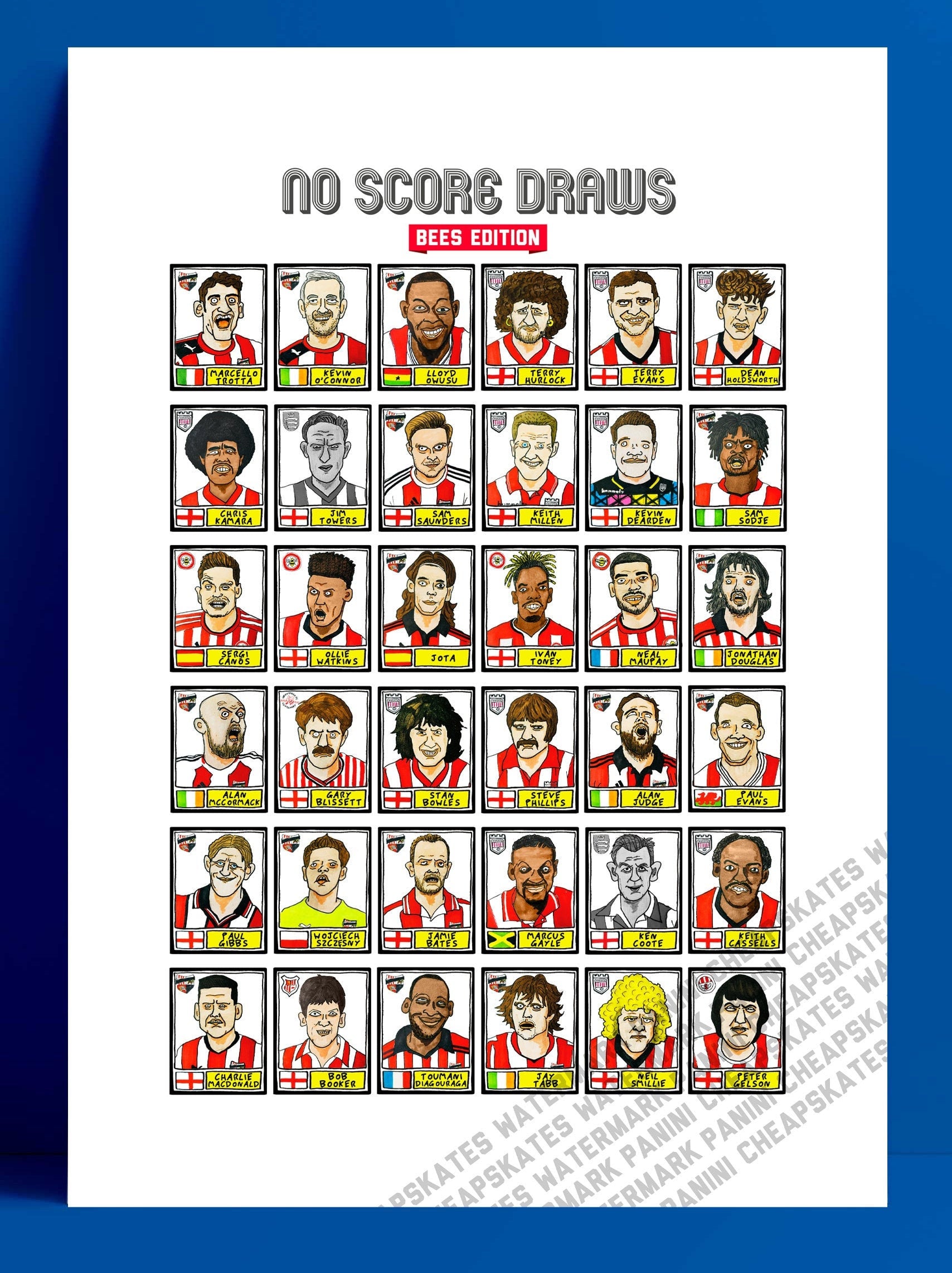 Brentford Vol 1 - No Score Draws Bees Edition - A3 print of 36 hand-drawn Panini-sticker-style Brentford FC Bees icons - Wonky football art