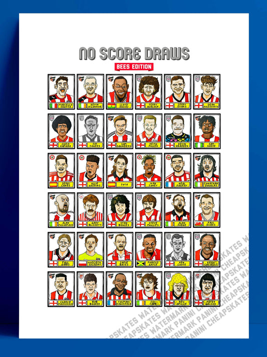 Brentford Vol 1 - No Score Draws Bees Edition - A3 print of 36 hand-drawn Panini-sticker-style Brentford FC Bees icons - Wonky football art