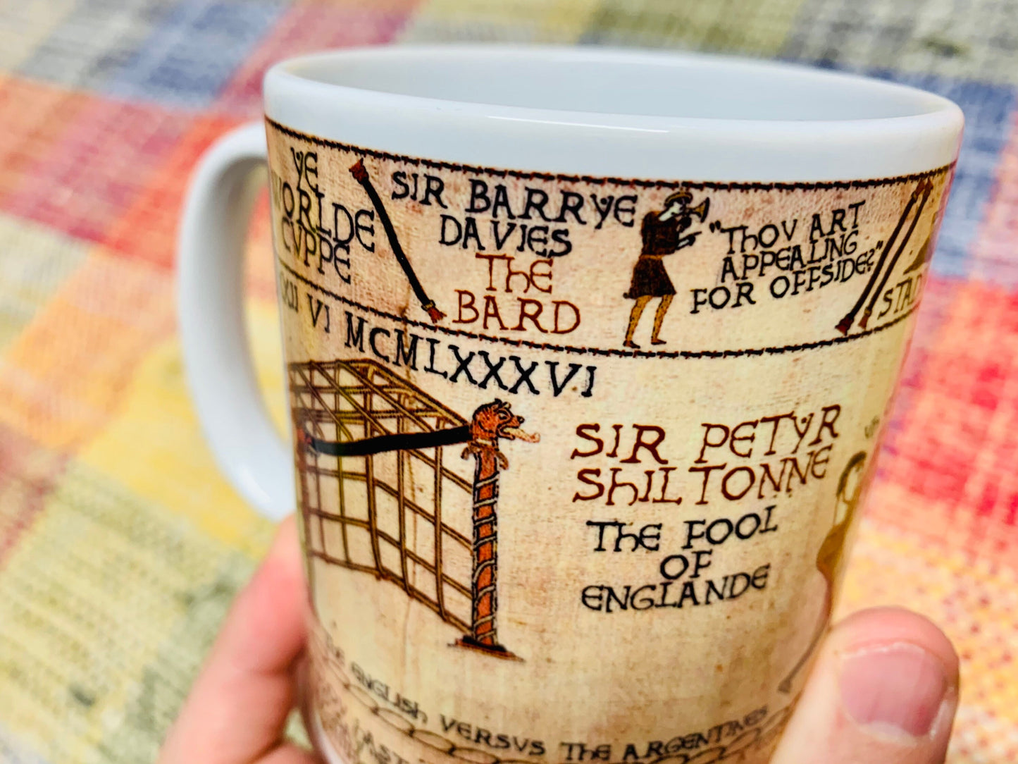 Hand Of God Bayeux Tapestry Mug By No Score Draws - 11oz Ceramic Mug Depicting An Historic Depiction of Diego Maradona's Goal v England 1986