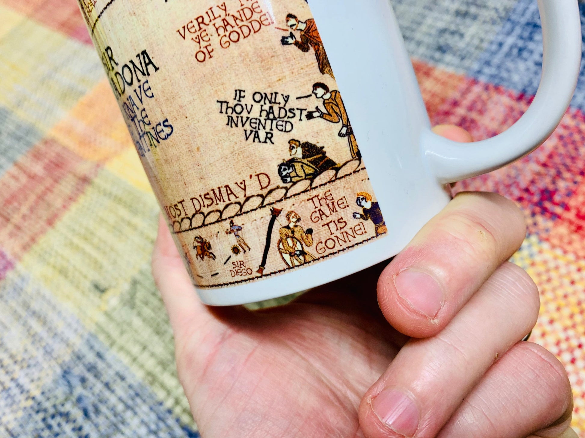 Hand Of God Bayeux Tapestry Mug By No Score Draws - 11oz Ceramic Mug Depicting An Historic Depiction of Diego Maradona's Goal v England 1986