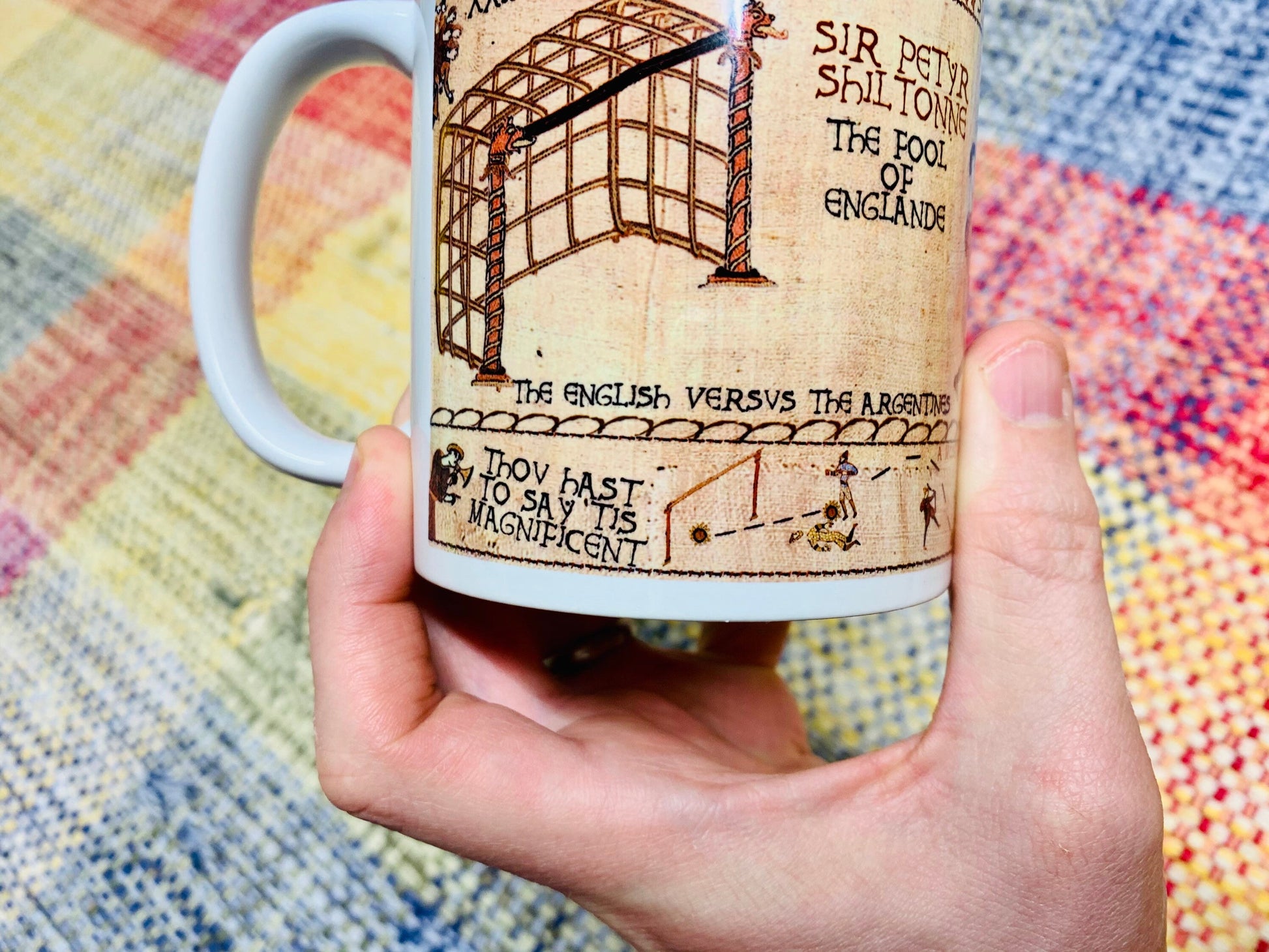 Hand Of God Bayeux Tapestry Mug By No Score Draws - 11oz Ceramic Mug Depicting An Historic Depiction of Diego Maradona's Goal v England 1986