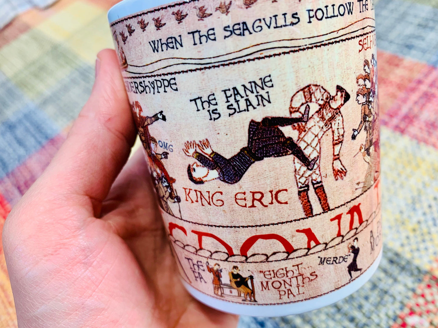 Cantona Kung-Fu Kick Bayeux Tapestry Mug By No Score Draws - 11oz Ceramic Mug Featuring An Historic Depiction of Cantona at Selhurst Park