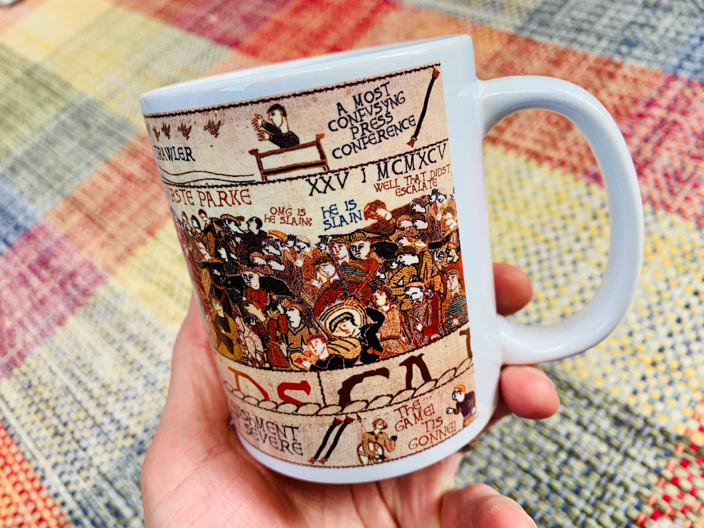 Cantona Kung-Fu Kick Bayeux Tapestry Mug By No Score Draws - 11oz Ceramic Mug Featuring An Historic Depiction of Cantona at Selhurst Park