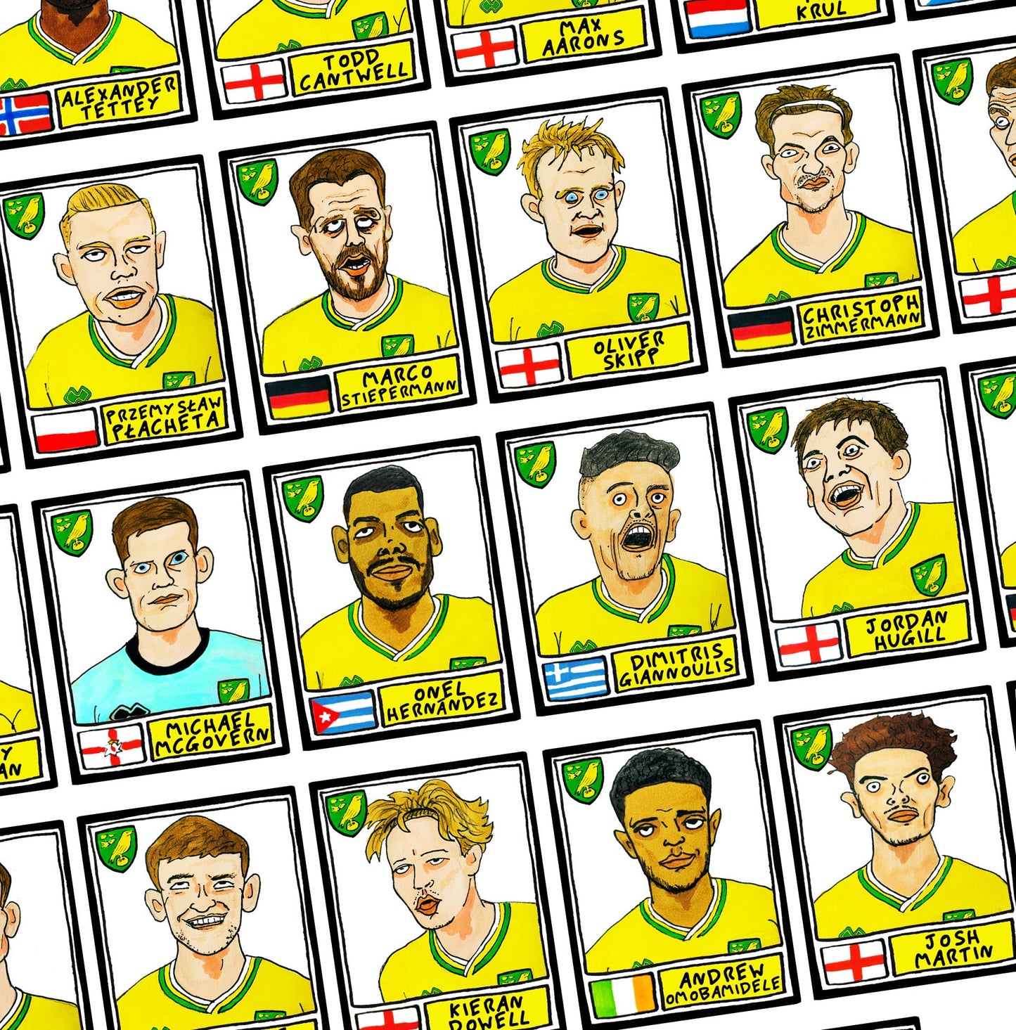 Norwich City Vol 2 - No Score Draws Farke Edition - A3 print of 30 hand-drawn Panini-style doodles of NCFCs 20-21 Championship-topping side