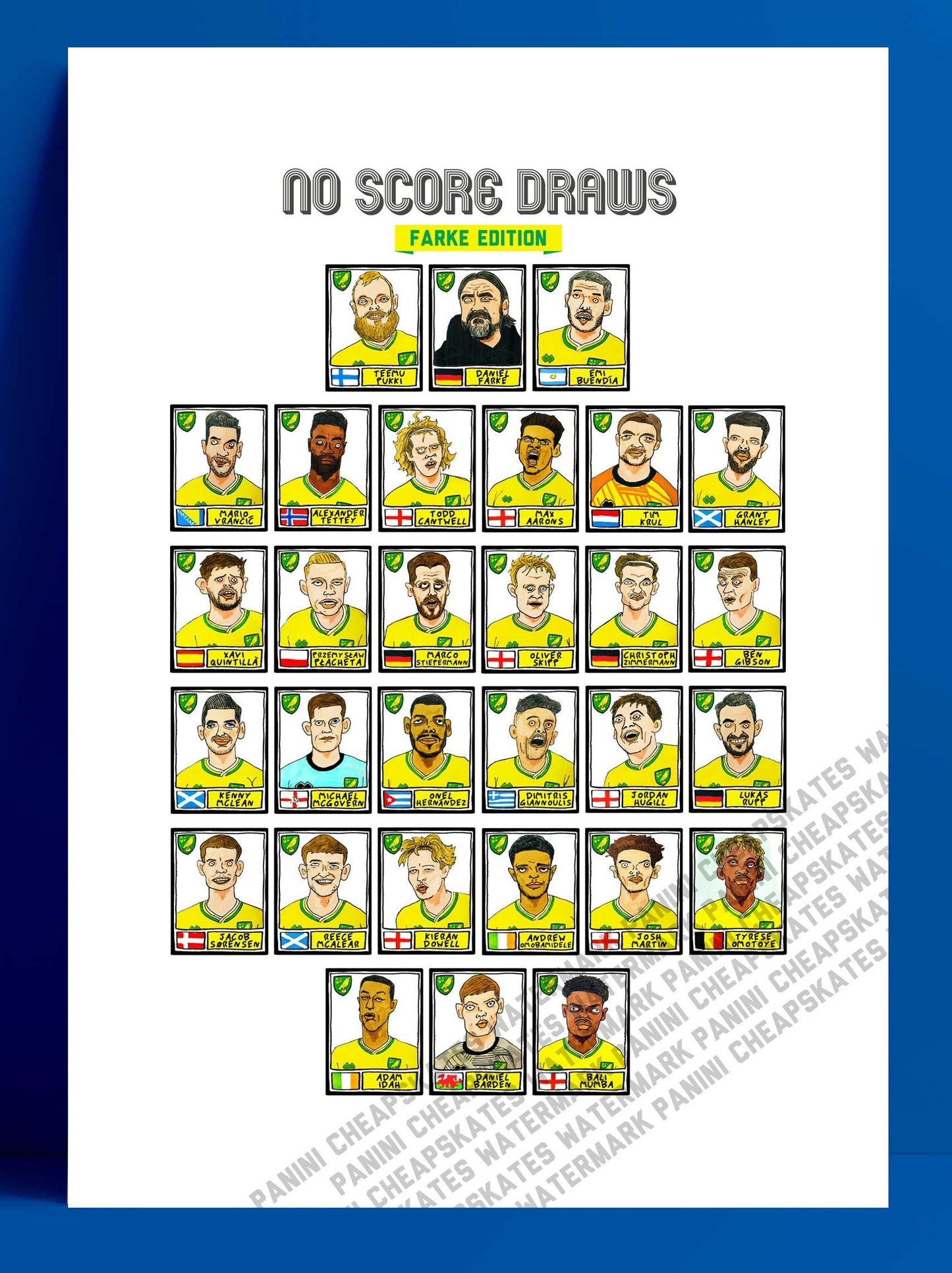 Norwich City Vol 2 - No Score Draws Farke Edition - A3 print of 30 hand-drawn Panini-style doodles of NCFCs 20-21 Championship-topping side