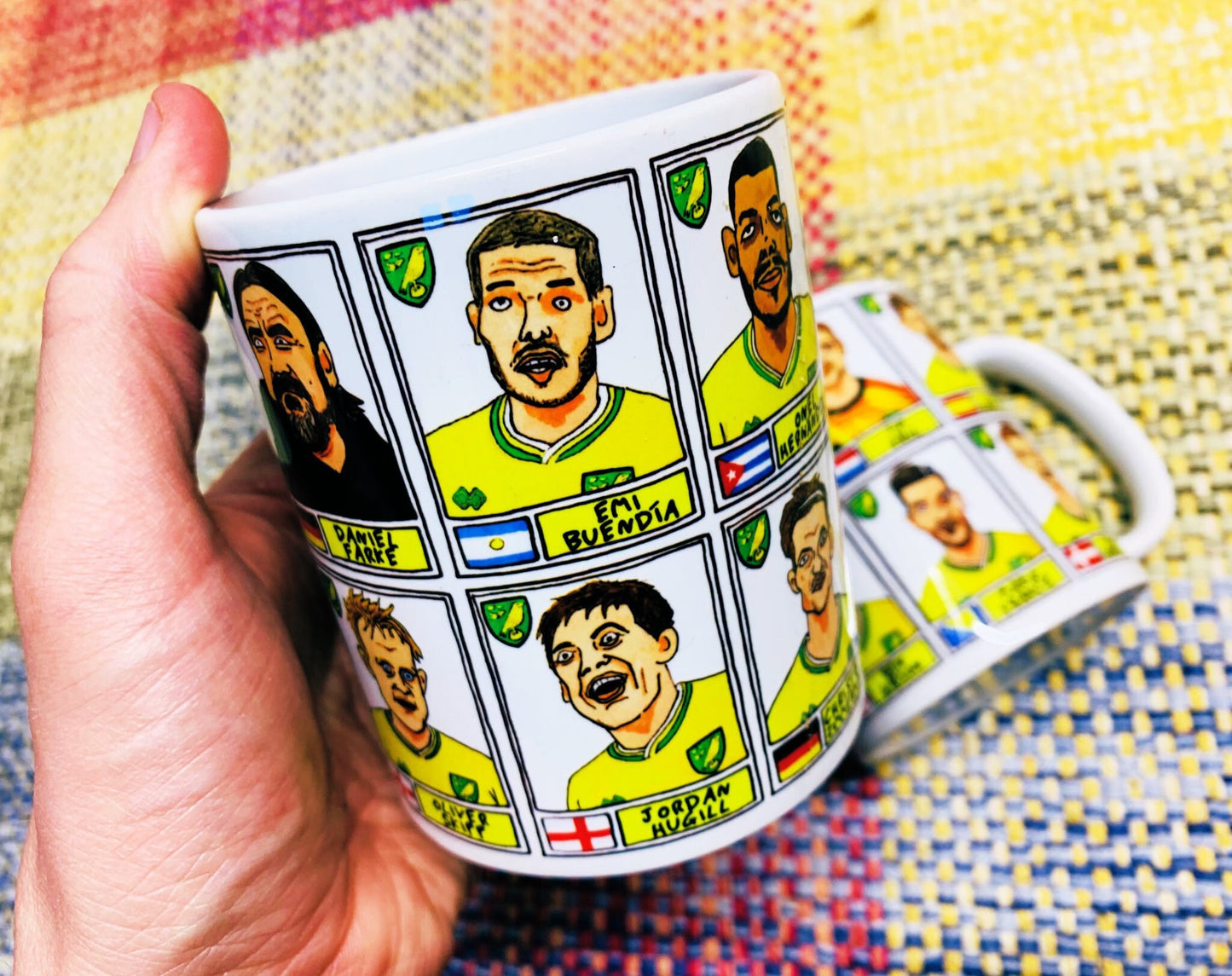 Norwich City Vol 2 No Score Draws Mug Set - Set of TWO 11oz Ceramic Mugs with Wonky Panini-style No Score Draws Doodles of NCFC's 20-21 Side